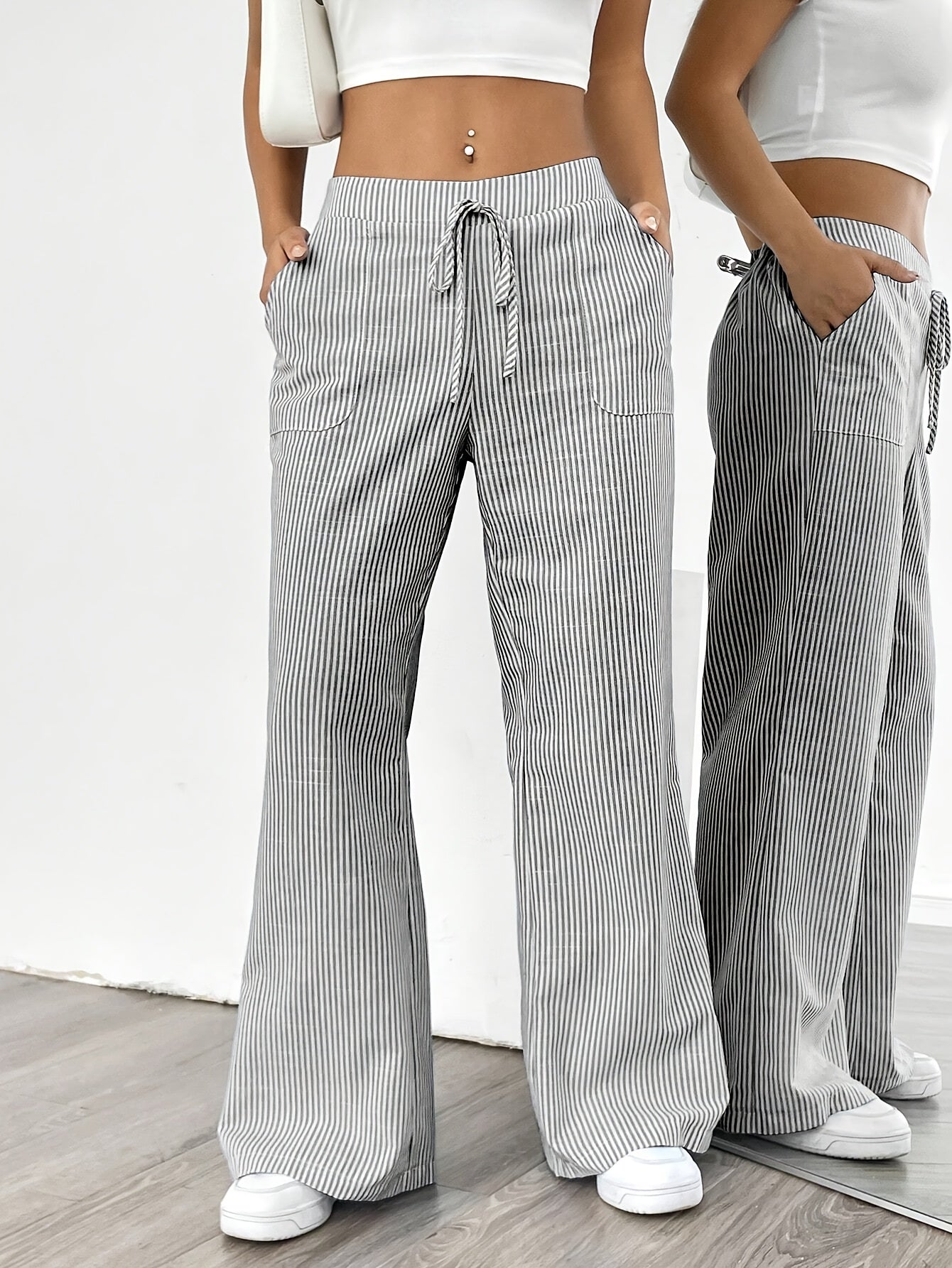 Slant Pockets Wide Leg Pants, Casual Striped Print Loose Drawstring Waist Pants For Spring & Summer, Women's Clothing