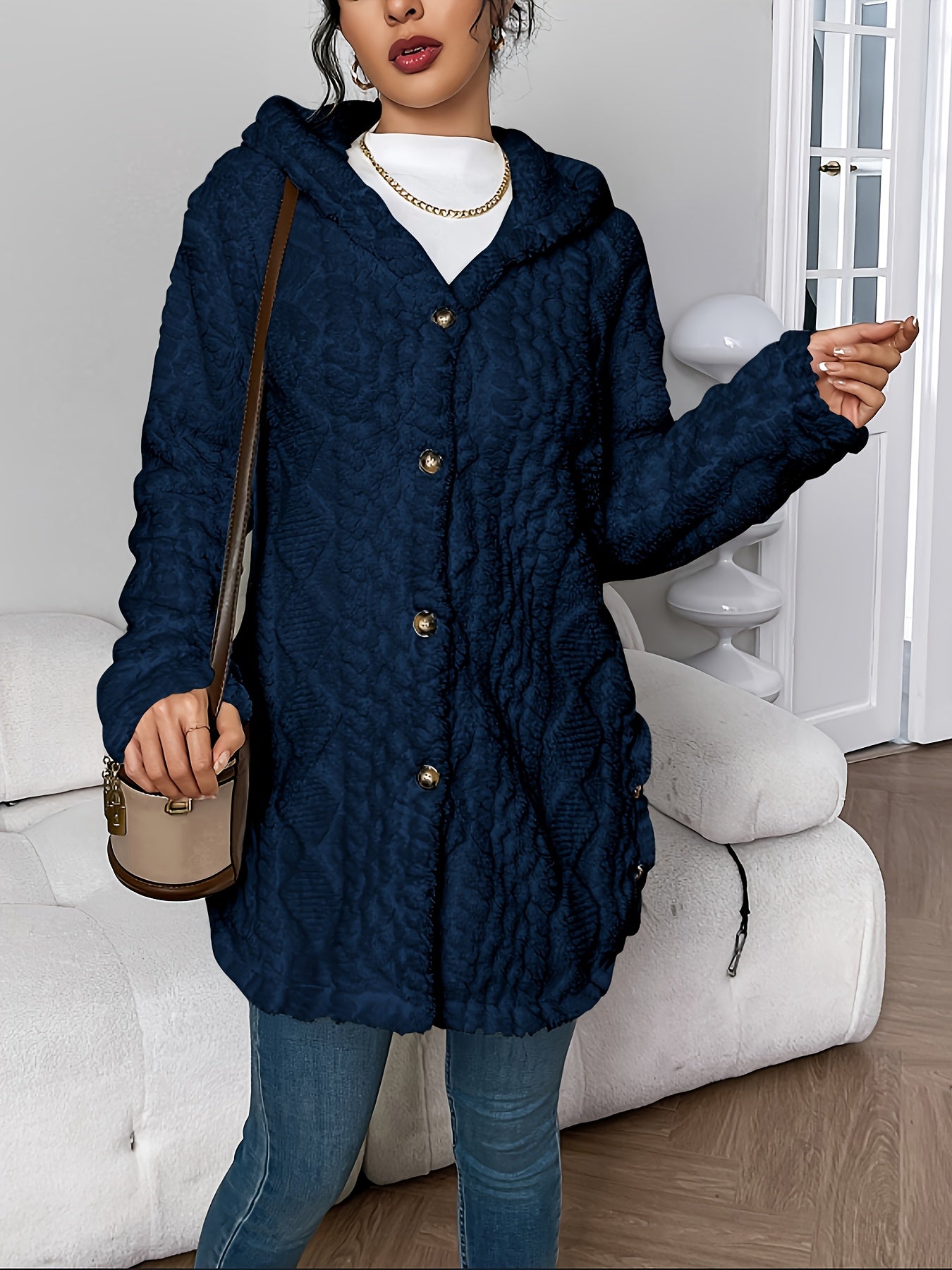 Autumn-Winter Warm Fashion Jacquard Plush Hooded Cardigan Coat