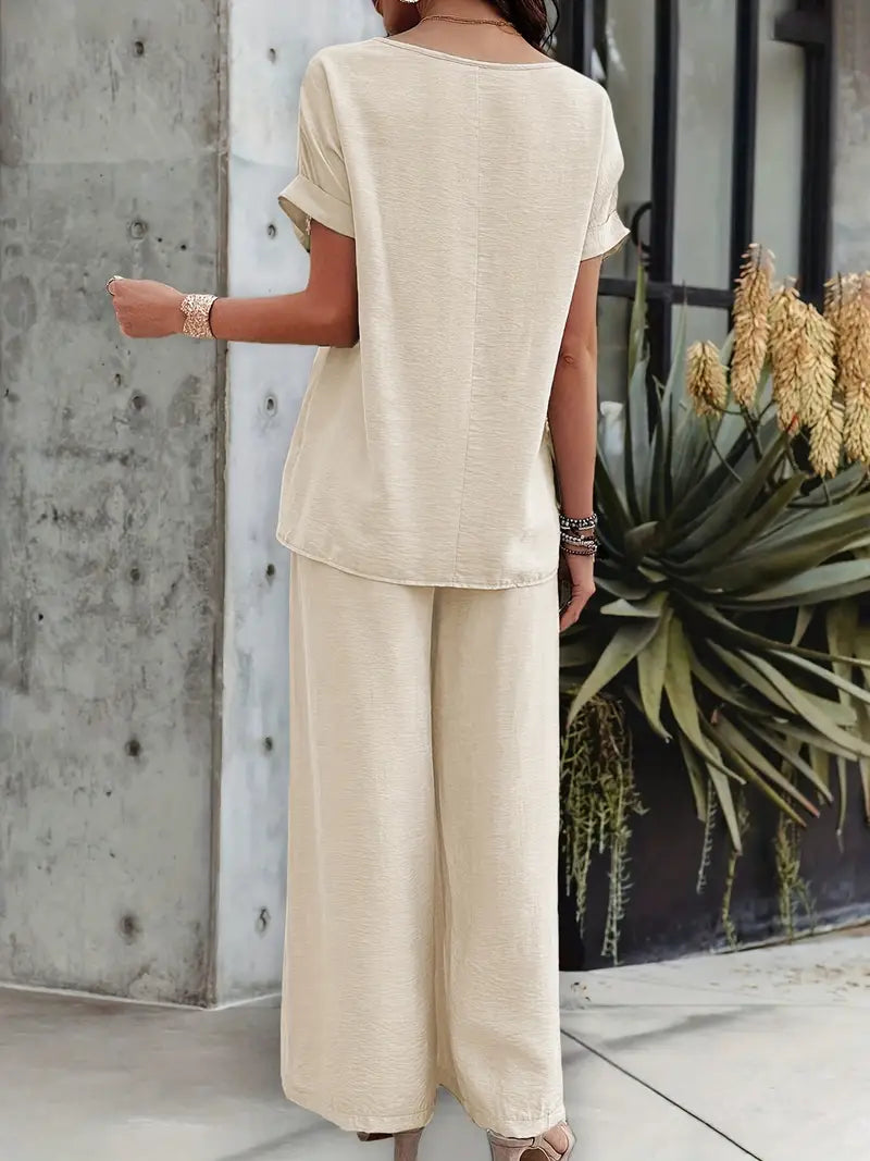 Solid Polyester Blouse 2-Piece Set Set Short