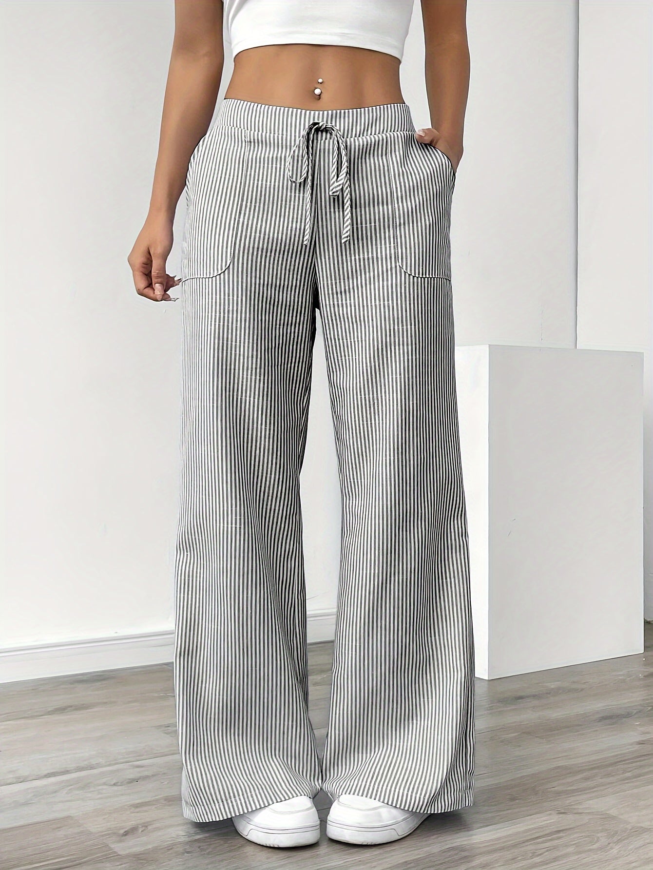 Slant Pockets Wide Leg Pants, Casual Striped Print Loose Drawstring Waist Pants For Spring & Summer, Women's Clothing