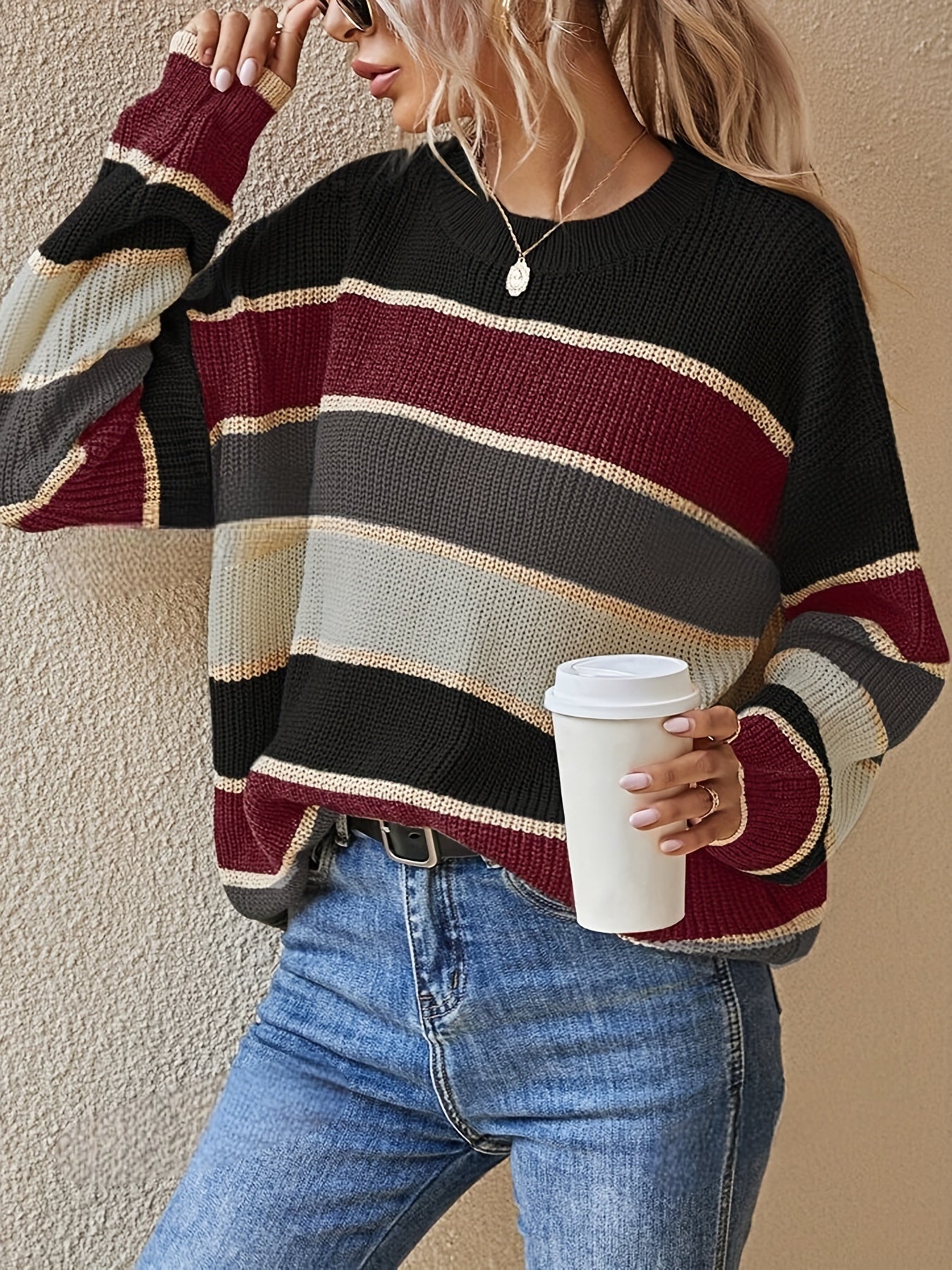 Women'S Color Block Striped Pullover Sweater - Cozy Long Sleeve Crew Neck, Loose Fit, Fall/Winter Casual Top with Green, Brown, and Beige Stripes, Casual Winter Wear | Relaxed Fit Top | Construction, Sweater Dress, Fall Clothe For Women, Fall Sw