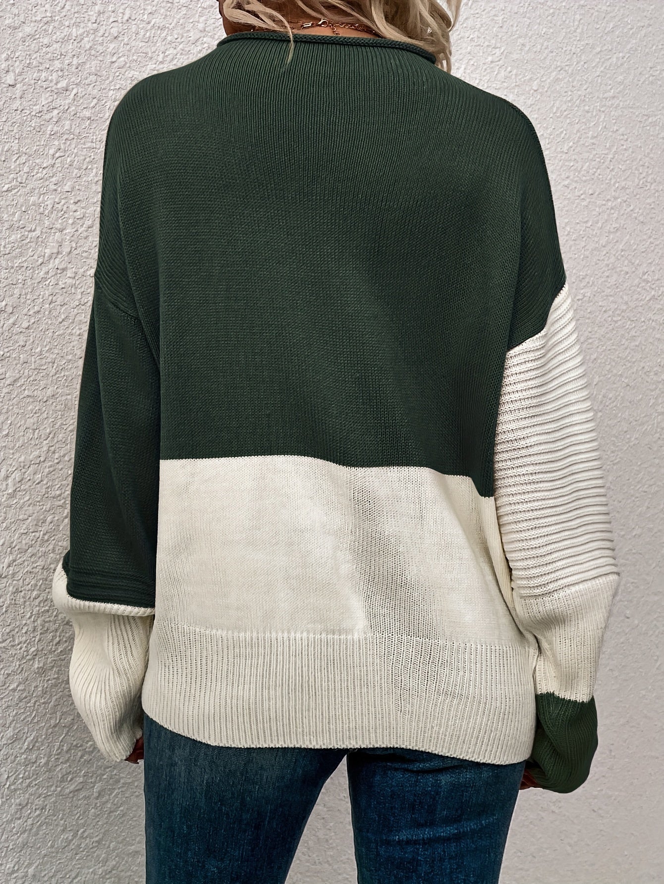 Womens Elegant Color Block Funnel Neck Pullover Sweater - Soft High Elasticity Acrylic Knit Fabric, Long Sleeve Drop Shoulder Design, Easy Care Hand Wash or Dry Clean, Perfect for Fall and Winter - Classic Style for Casual Daily Wear