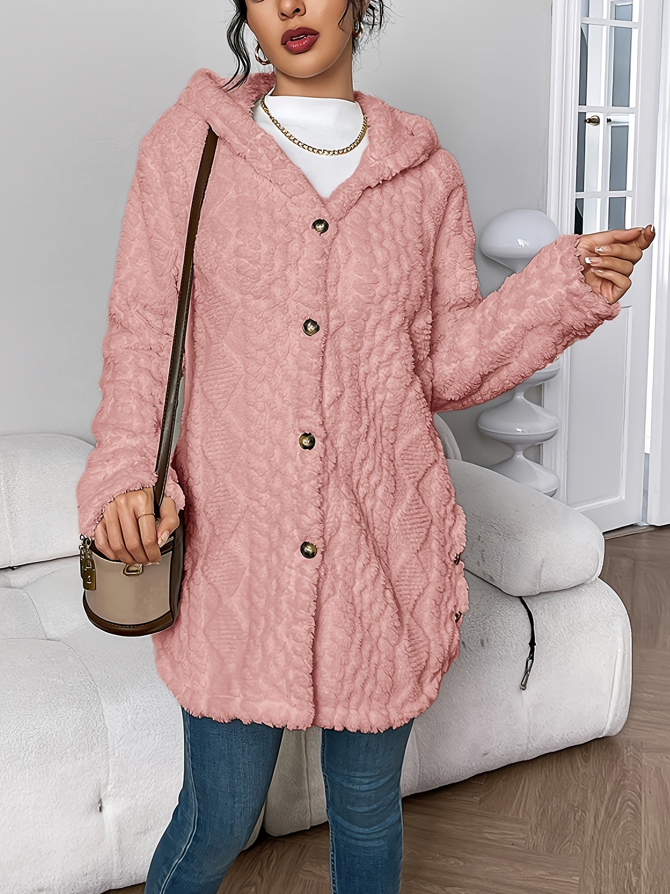 Autumn-Winter Warm Fashion Jacquard Plush Hooded Cardigan Coat