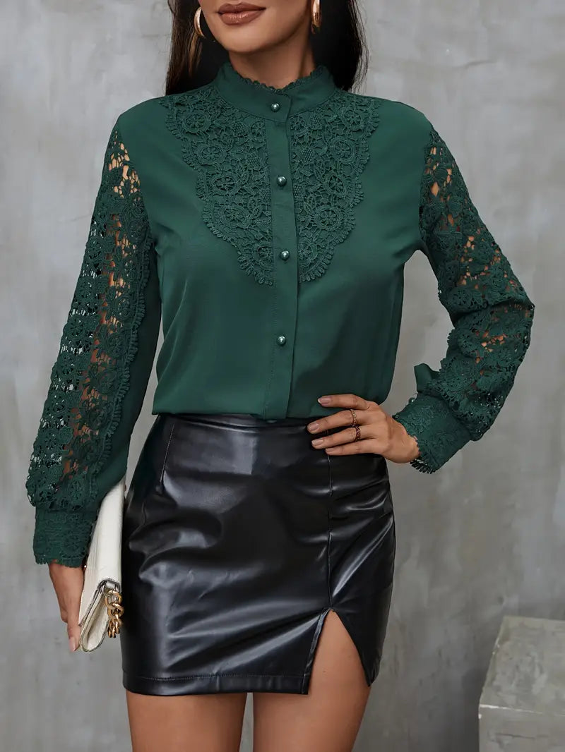 Solid Polyester Blouse Solid Contrast Lace