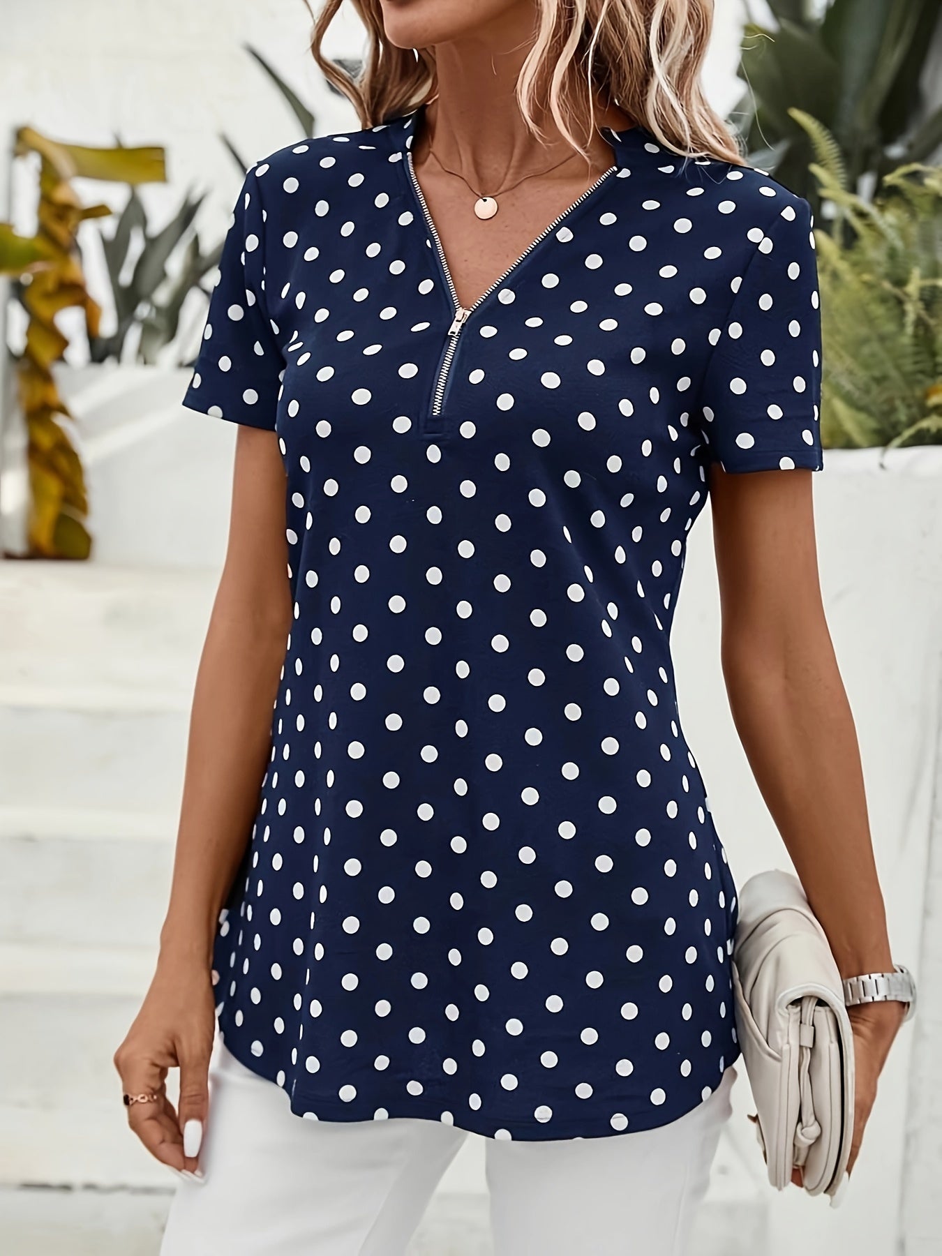 Elegant V Neck Short Sleeve Blouse - Polka Dots Print, Zipper Front, For Spring & Summer, Women's Clothing