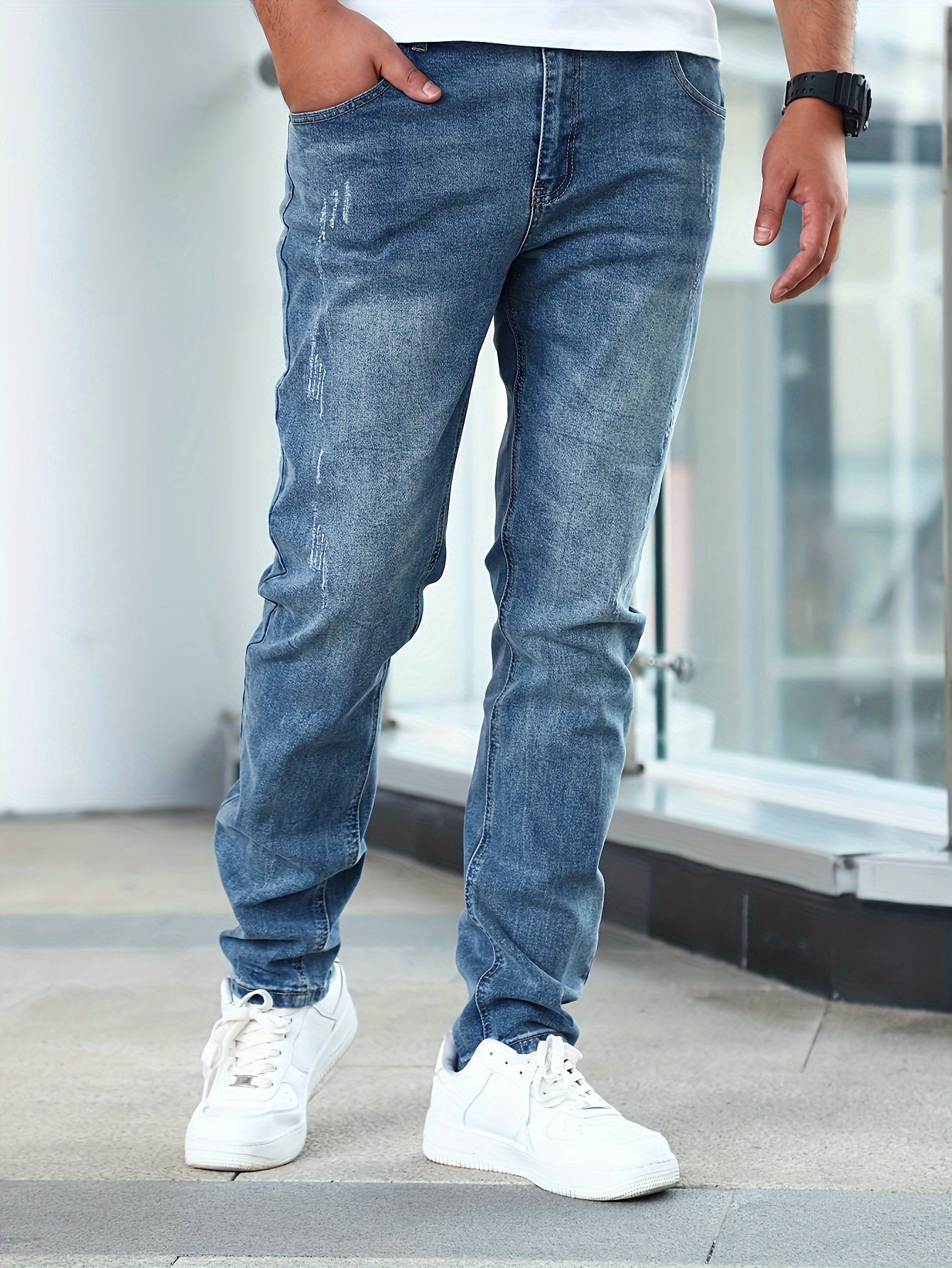 Men'S Slim-Fit Stretch Denim Jeans - Light Blue, Casual Style, All-Season Comfort, Regular Fit, Solid Color, Washed Finish, Perfect for Teens, Teenage Fashion|Casual Style Jeans|Woven Denim