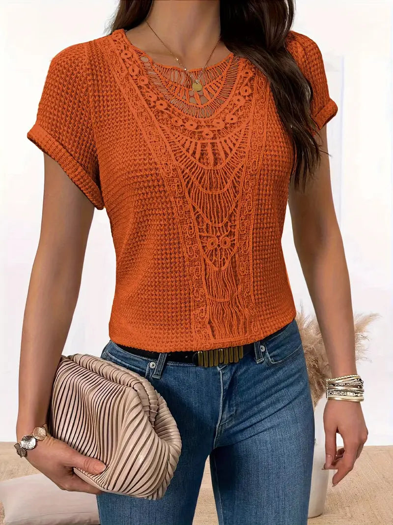 Solid Spandex Sweater Lace Splicing Crew