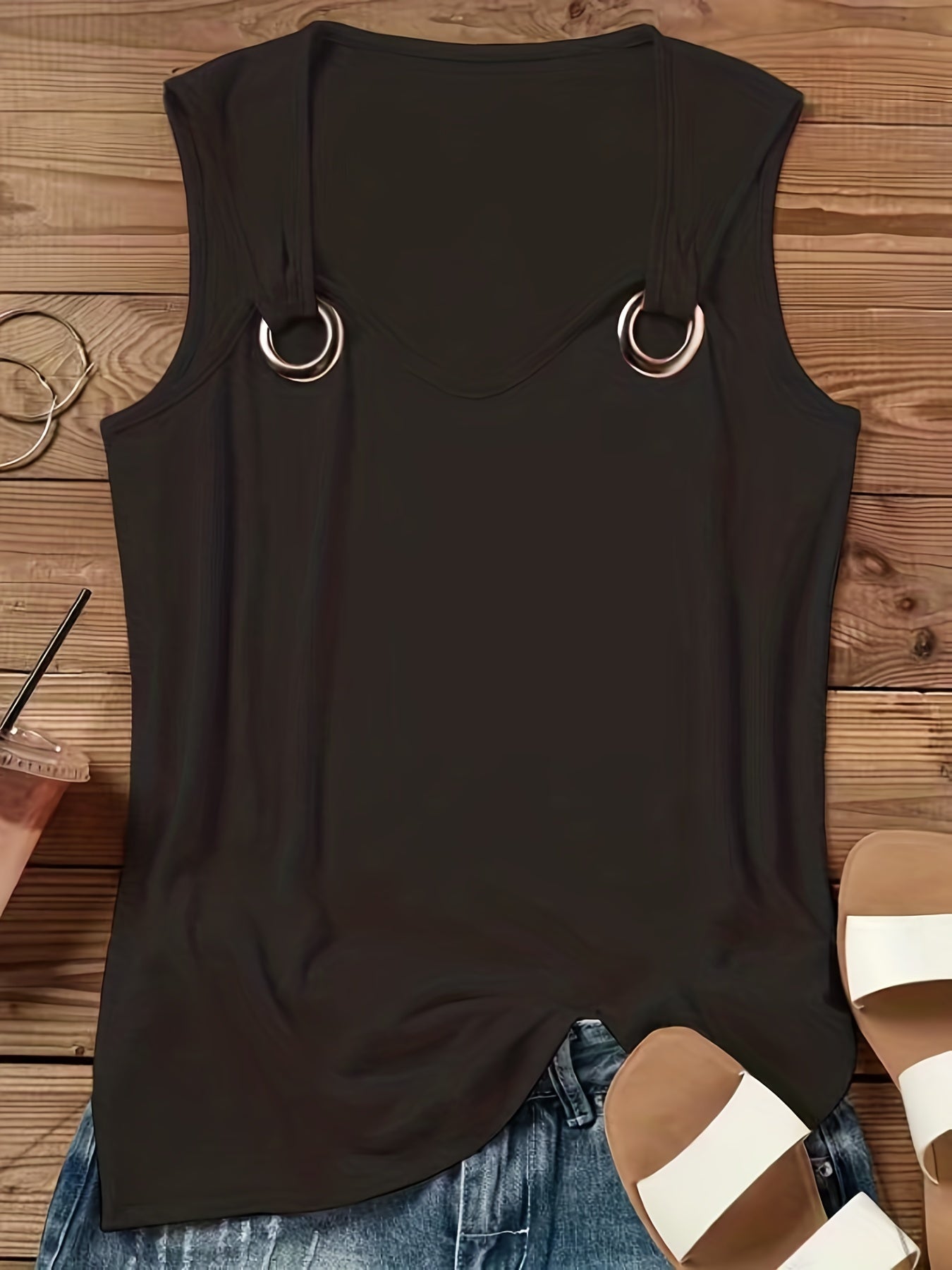 Women's Casual Sleeveless Crew Neck Tank Top - Vibrant Coral Solid Color with Keyhole Cutouts & Ring Detail, Lightweight Summer Top, Machine Washable, Ladies Tank Tops, Easycare Clothing