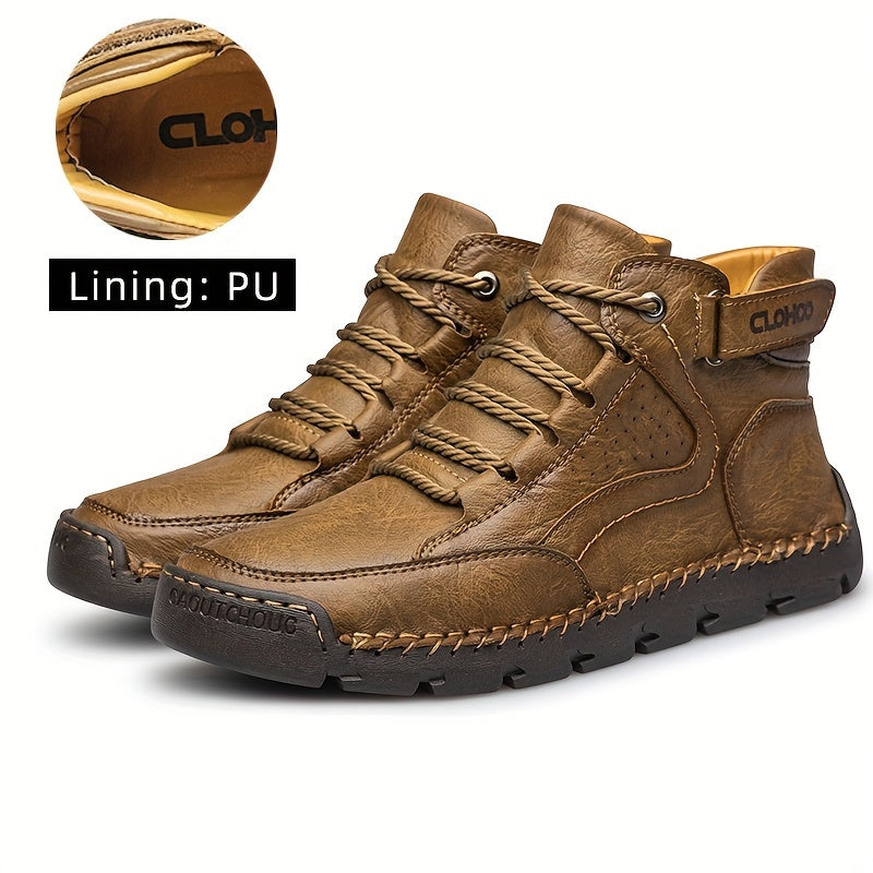 CLOHOO Men's High-Top Casual Ankle Boots, Handcrafted PU Upper & Lining, Rubber Sole with Enhanced Grip, Round Toe Lace-Up Closure, Comfortable Warm Plush Interior, Solid Color Design for Outdoor Activities - All Seasons, CLOHOO