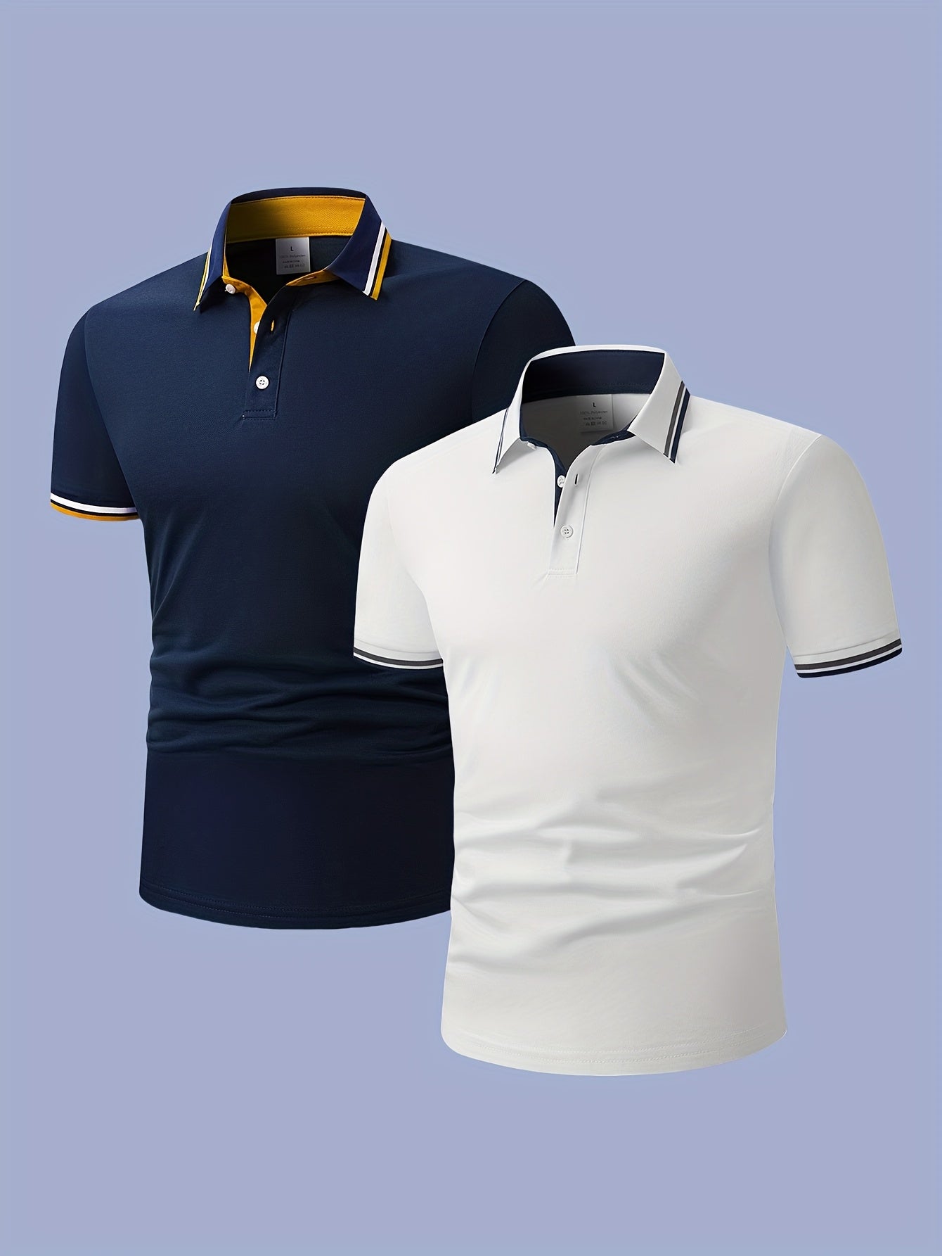 2pcs Men's Short-Sleeve Shirts with Contrast Collars - Lightweight Polyester, Pastel Blue & Pink, Turn- Collar, Button Closure, Regular Fit, Casual & Business-Casual Wear, Ideal for Summer or Gifting, Short Sleeve Tops