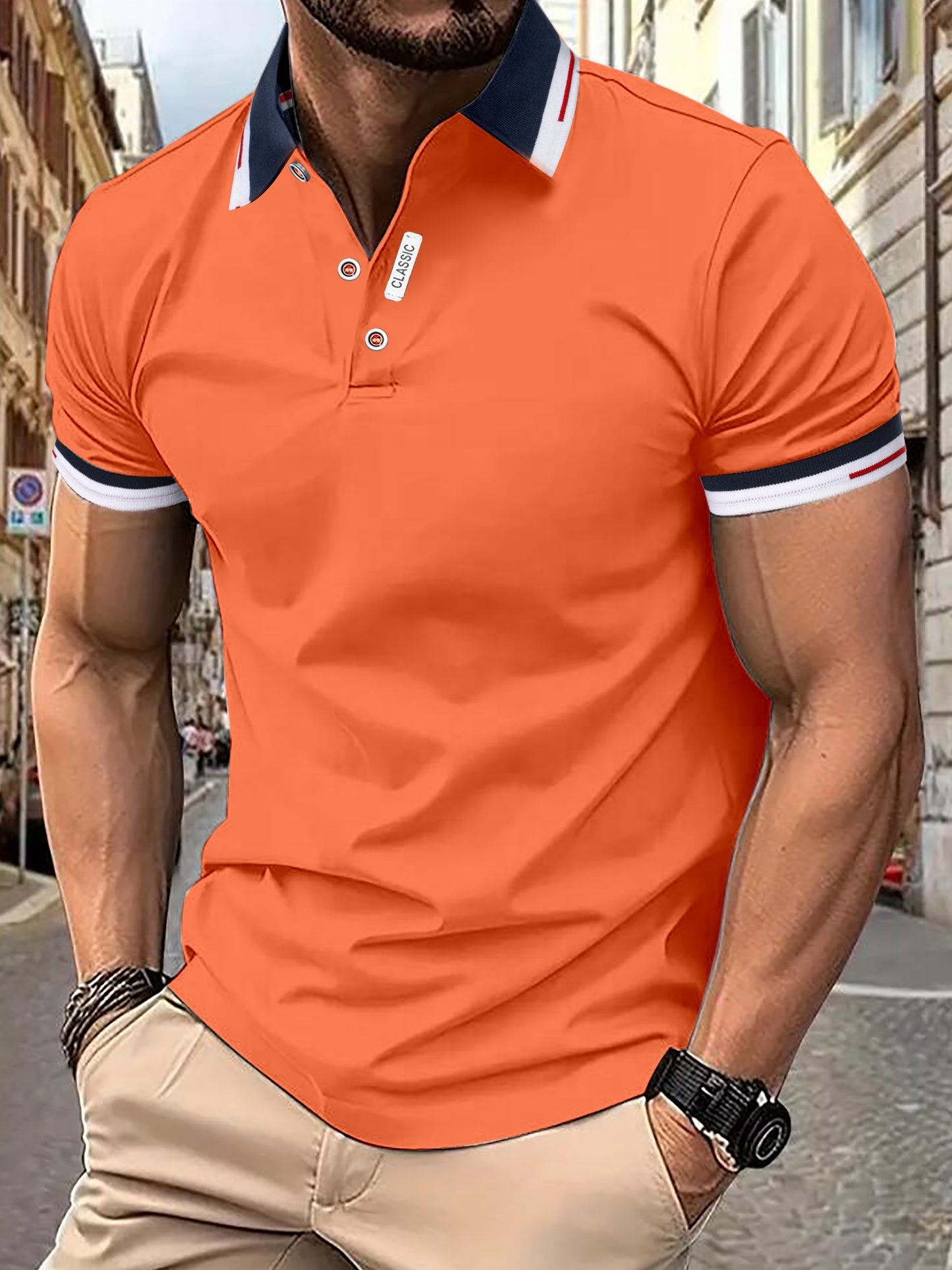 Men's Sleek Black Shirt - Casual & Sporty, Short-Sleeved with Contrast Collar and Trim, 100% Polyester, Button Detail, Ideal for Summer