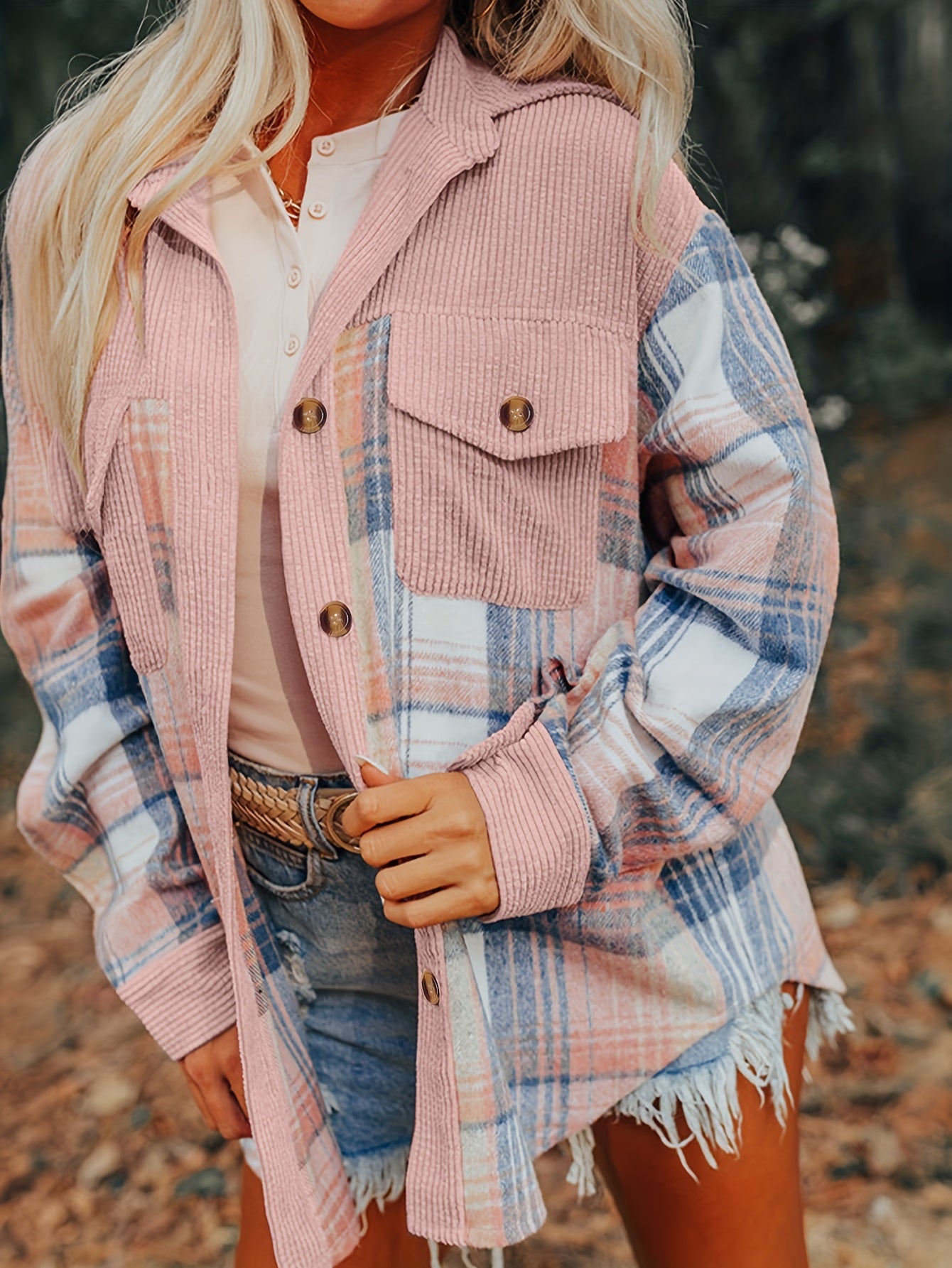 Plaid Print Drop Shoulder Jacket, Casual Lapel Neck Long Sleeve Button Front Jacket For Fall & Spring, Women's Clothing