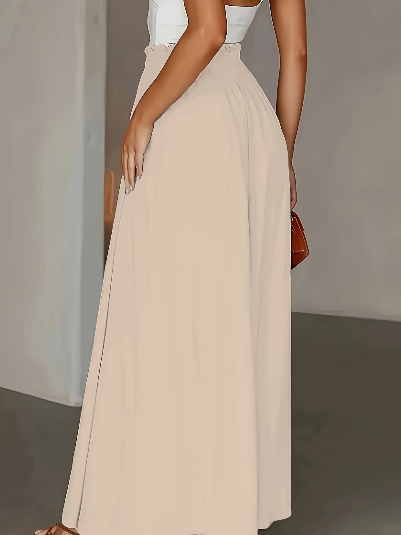 Women's Elegant Wide-Leg Trousers with Extended Length - Beige Solid Color High-Waisted Non-Stretch Pants, Structured Fit for All-Season Casual & Formal Outfits, Versatile Office to Semi-Formal Wear, Allseason Clothing, Classic Design, Quality S