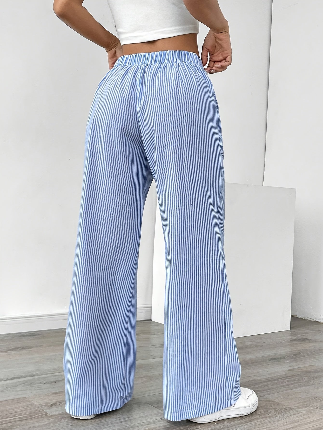 Slant Pockets Wide Leg Pants, Casual Striped Print Loose Drawstring Waist Pants For Spring & Summer, Women's Clothing