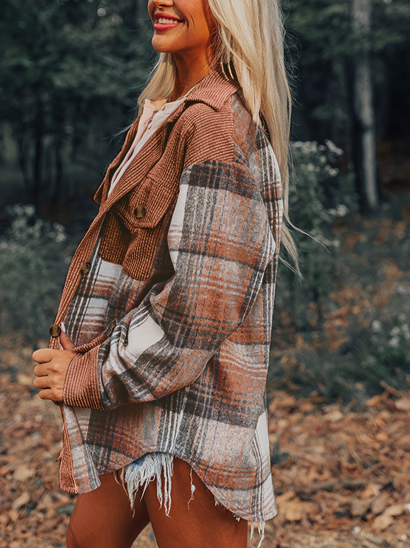 Plaid Print Drop Shoulder Jacket, Casual Lapel Neck Long Sleeve Button Front Jacket For Fall & Spring, Women's Clothing