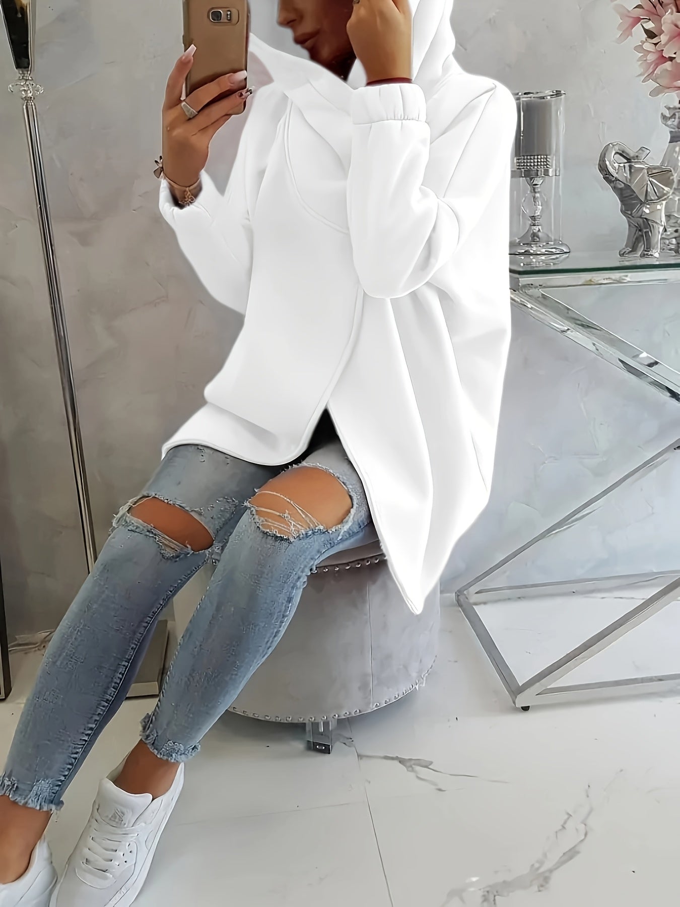 Women'S Casual Black Hooded Jacket with Front Pockets - Long Sleeve, Ripped Jeans & White Sneakers, Perfect for Spring/Fall, Autumn Fashion Jacket | Relaxed Fit Hoodie | Zippered Hoodie