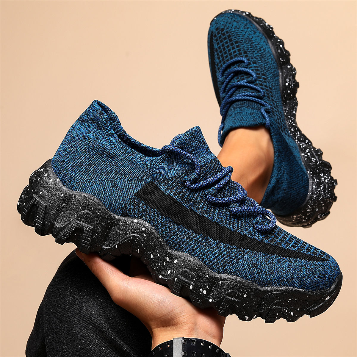 Men'S Casual Sneakers - Breathable Knit Upper, Geometric Pattern, Lace-Up Closure, Durable Rubber Sole, Comfortable Fabric Lining for Spring Sports & Casual Attire, Athletic Footwear | Geometric Pattern Shoes | Knit Construction, Sneakers
