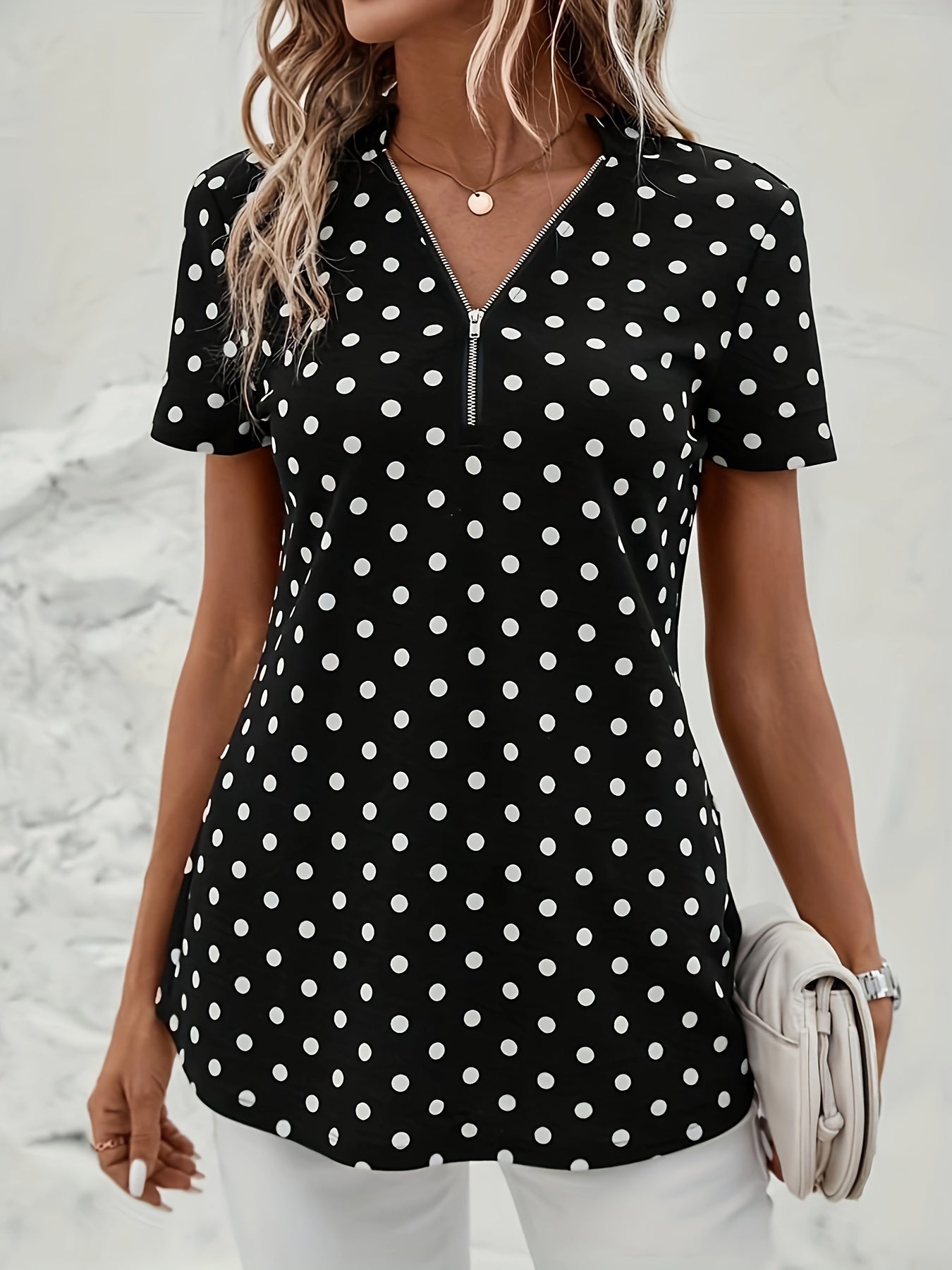 Elegant V Neck Short Sleeve Blouse - Polka Dots Print, Zipper Front, For Spring & Summer, Women's Clothing