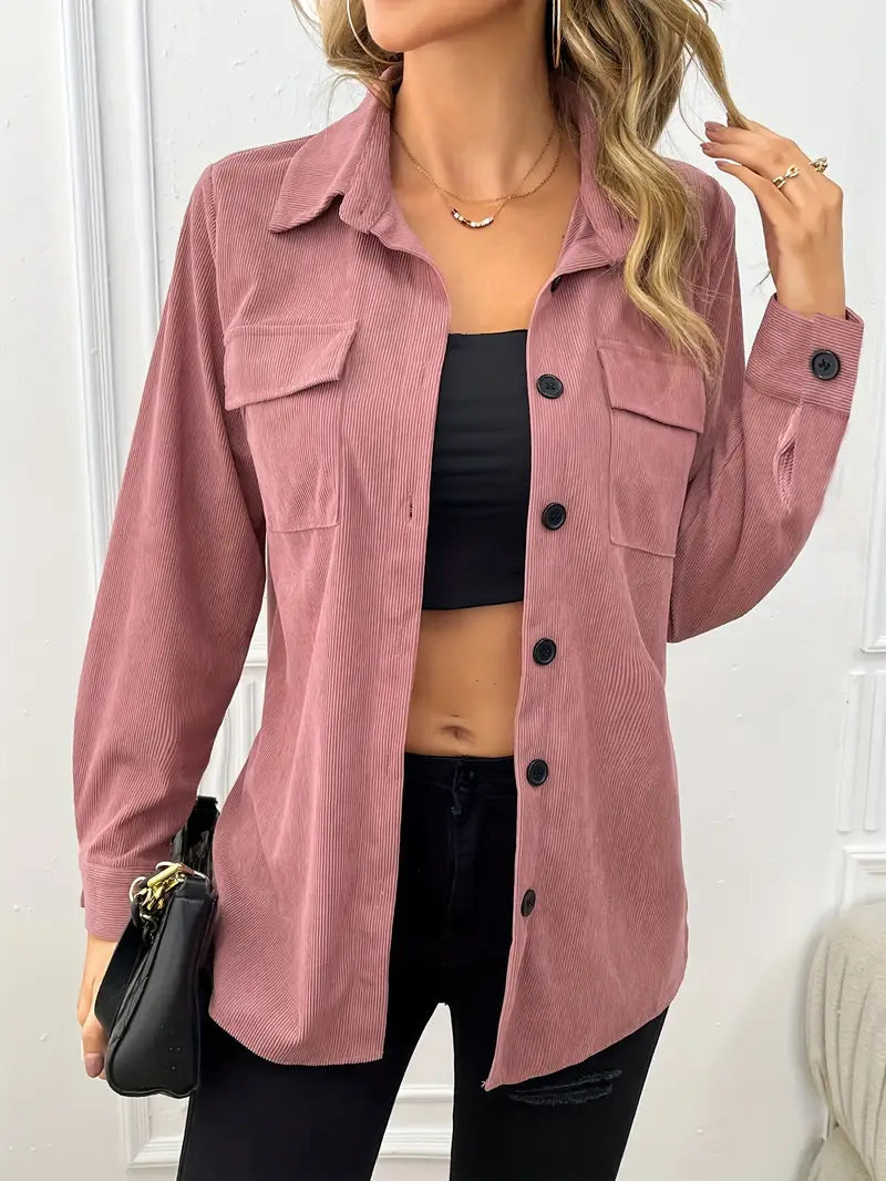 Solid Corduroy Jacket Button Front Flap