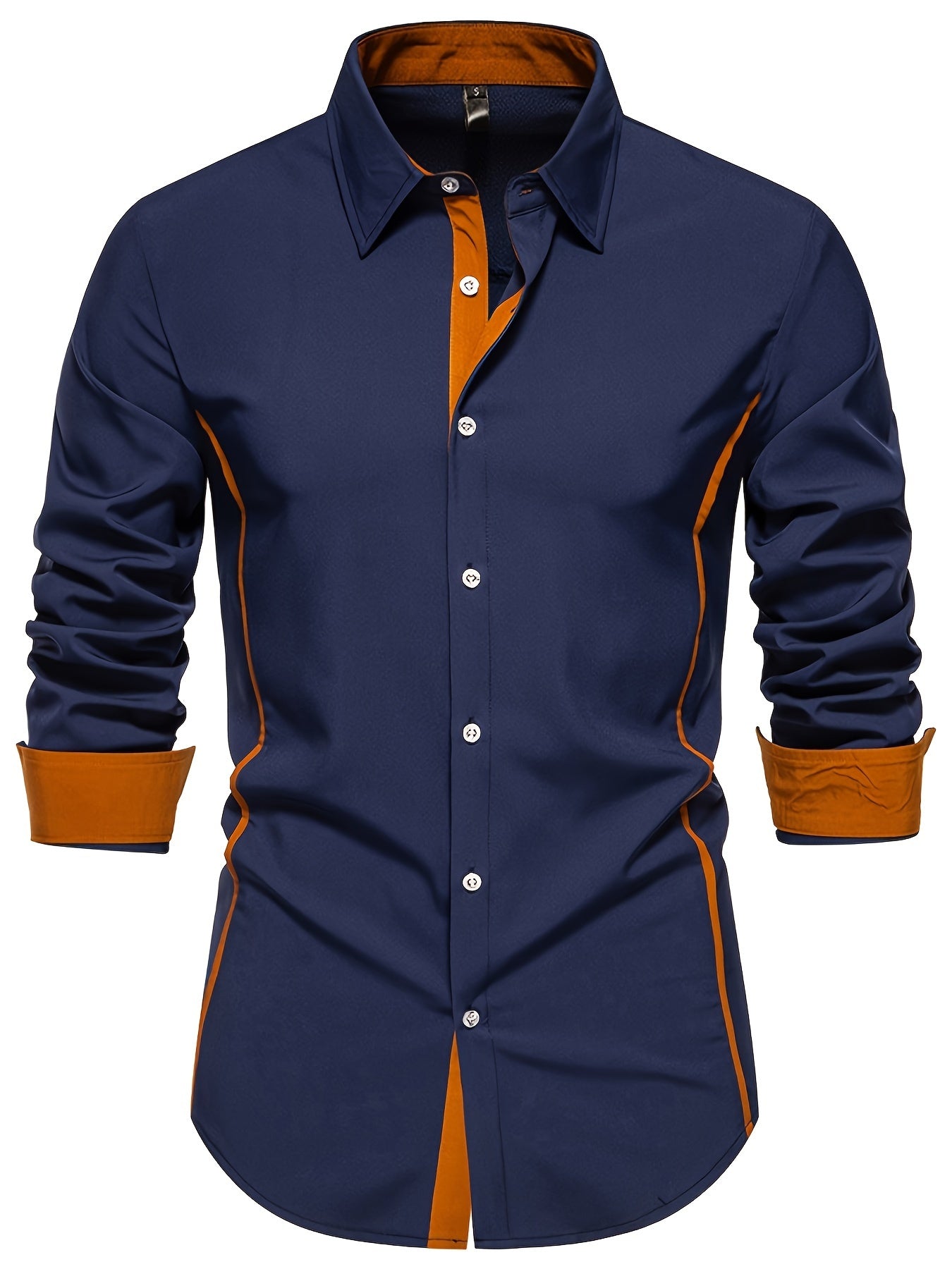 Casual Color Block Men's Long Sleeve Button Up Shirt, Men's Spring And Autumn Mature Blouse