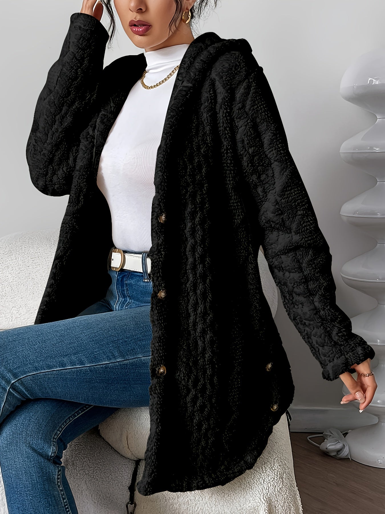Autumn-Winter Warm Fashion Jacquard Plush Hooded Cardigan Coat