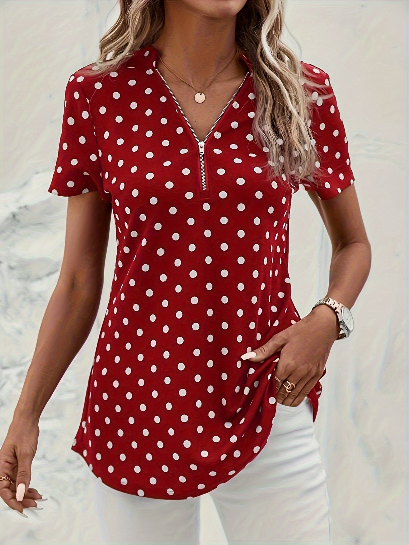 Elegant V Neck Short Sleeve Blouse - Polka Dots Print, Zipper Front, For Spring & Summer, Women's Clothing