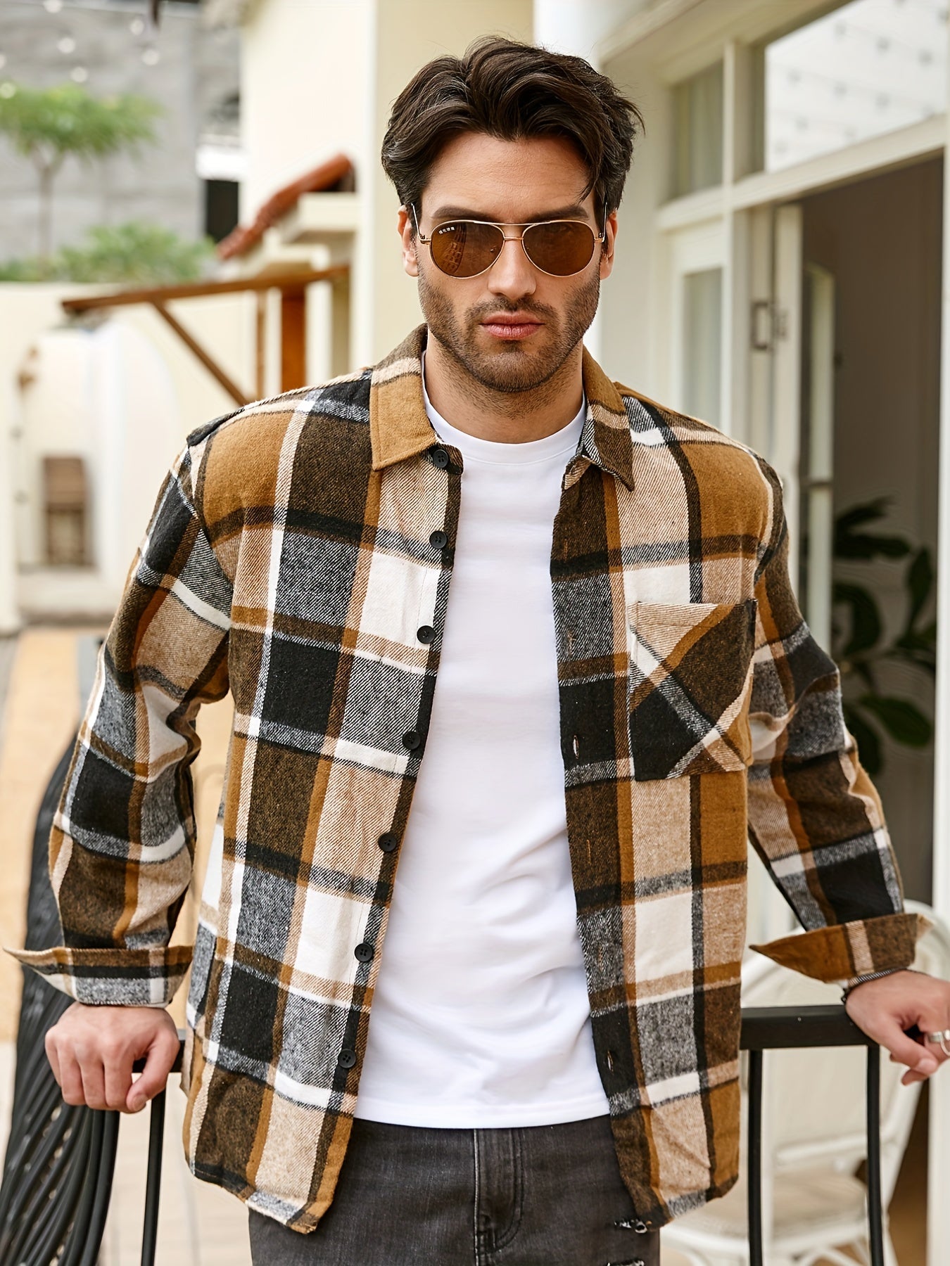 Men's Casual Flannel Shirt Coat - Solid Color Lapel Button-Up with Chest Pocket, Machine Washable Non-Stretch Fabric, Regular Fit Autumn Winter Outerwear, Autumn Apparel, Flannel, Long Sleeve Button Casual Shirt