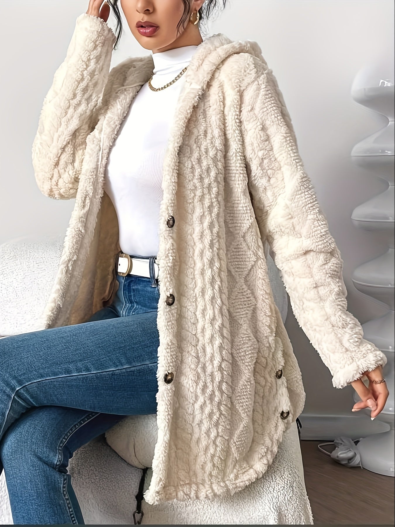 Autumn-Winter Warm Fashion Jacquard Plush Hooded Cardigan Coat