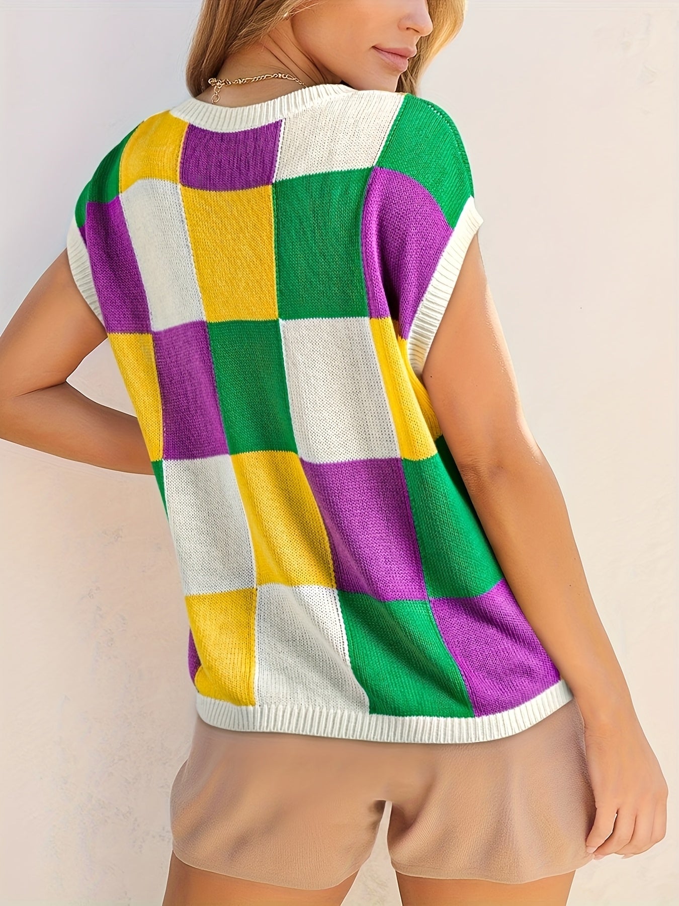 Grapefruit Orange Color Block Cap Sleeve Sweater