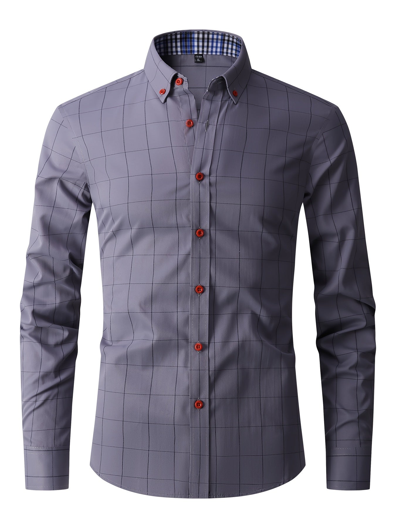 Men'S Light Business Long Sleeve Button-Up Shirt - Gray & White Checkered Pattern, Regular Fit, Single-Breasted with Red Buttons, Perfect for Spring & Fall, Spring Fall Attire | Checkered Pattern Shirt | Polyester Blend