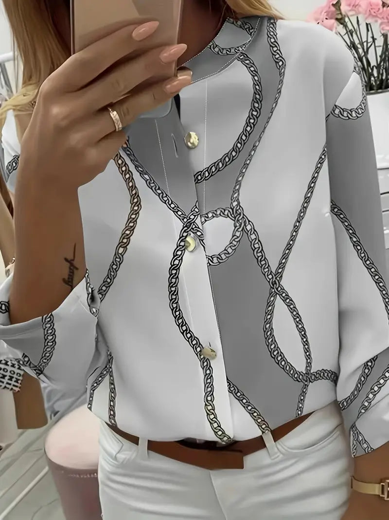 Geometric Polyester Blouse Chain Print Button