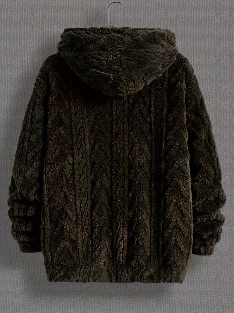 Fleece Polyester Knit Hooded Zip Long Sleeve Jacket