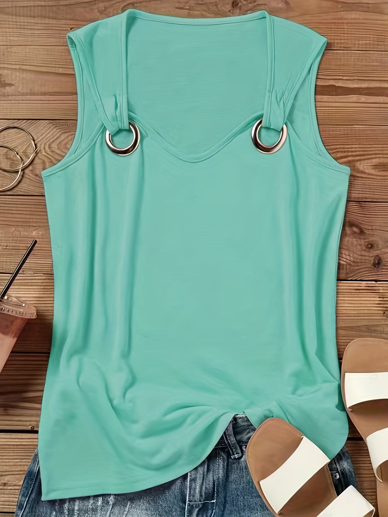 Women's Casual Sleeveless Crew Neck Tank Top - Vibrant Coral Solid Color with Keyhole Cutouts & Ring Detail, Lightweight Summer Top, Machine Washable, Ladies Tank Tops, Easycare Clothing