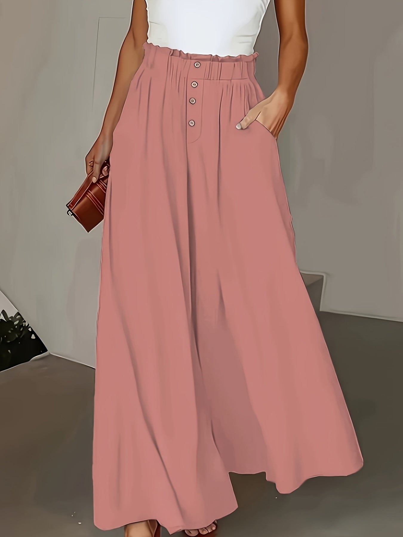Women's Elegant Wide-Leg Trousers with Extended Length - Beige Solid Color High-Waisted Non-Stretch Pants, Structured Fit for All-Season Casual & Formal Outfits, Versatile Office to Semi-Formal Wear, Allseason Clothing, Classic Design, Quality S