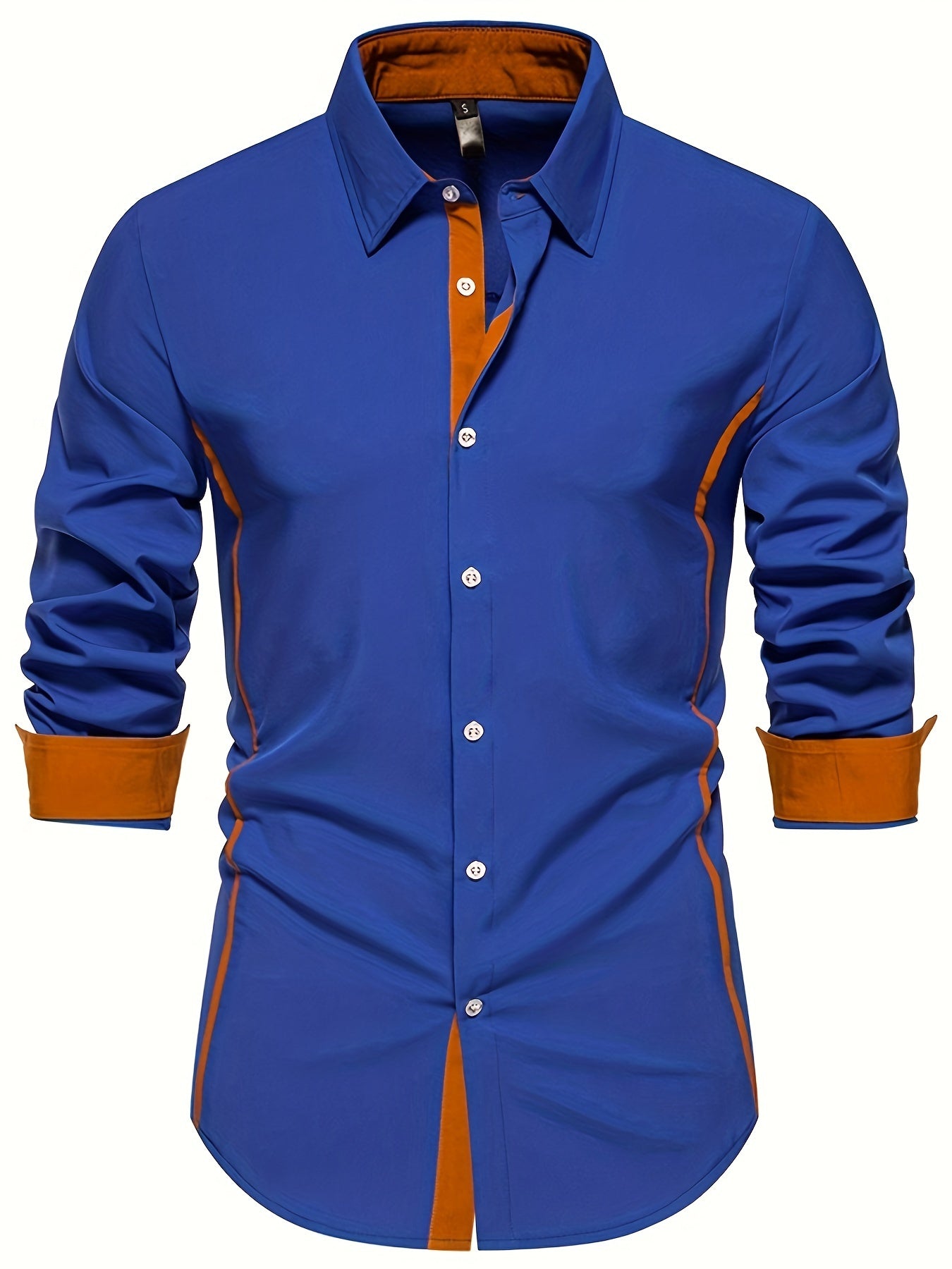 Casual Color Block Men's Long Sleeve Button Up Shirt, Men's Spring And Autumn Mature Blouse