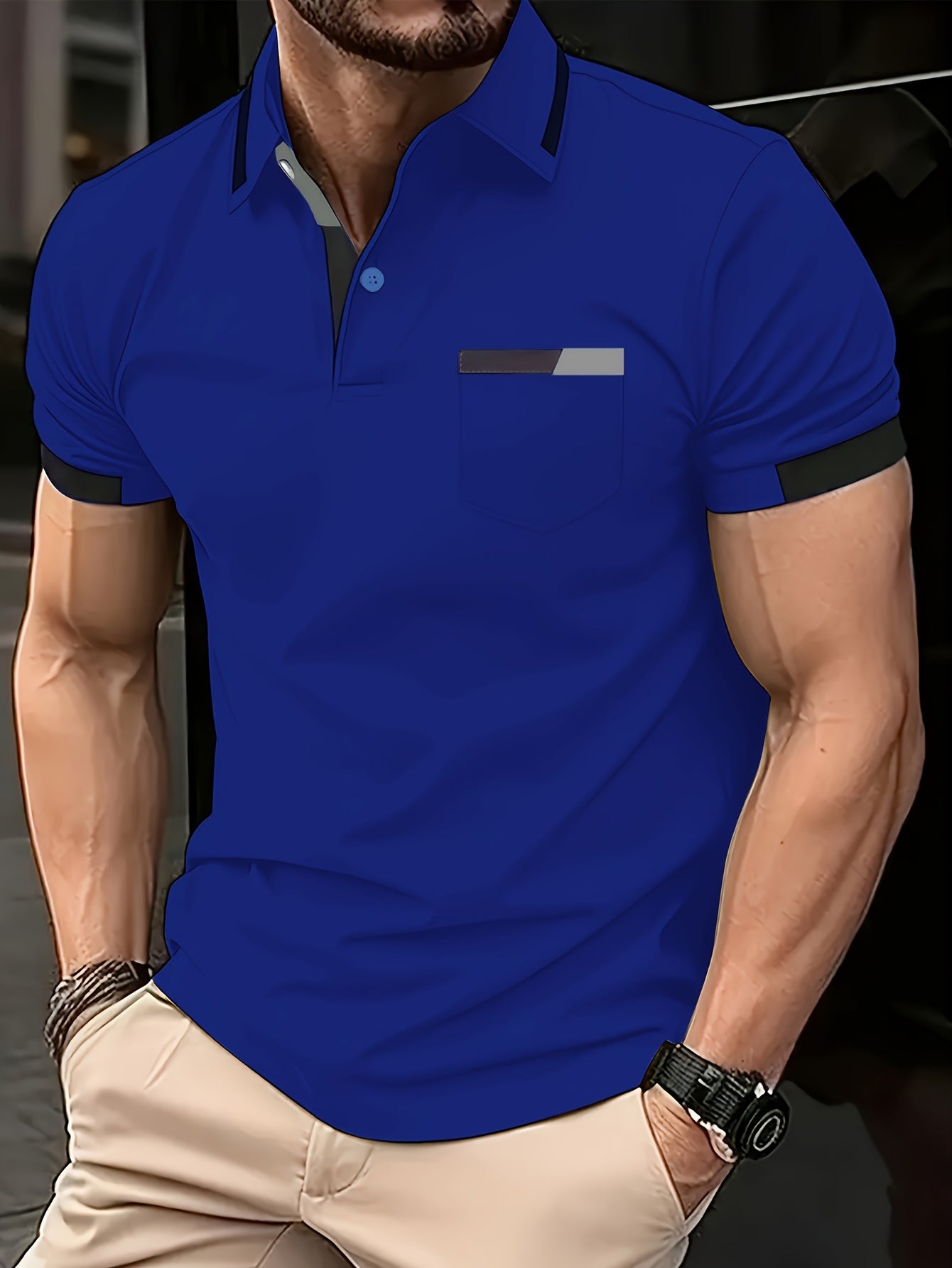 Men'S Casual Print Short-Sleeve Polo Shirt - Light Gray with Black & White Geometric Design, Comfortable Lapel Collar, Button-Up Front & Chest Pocket