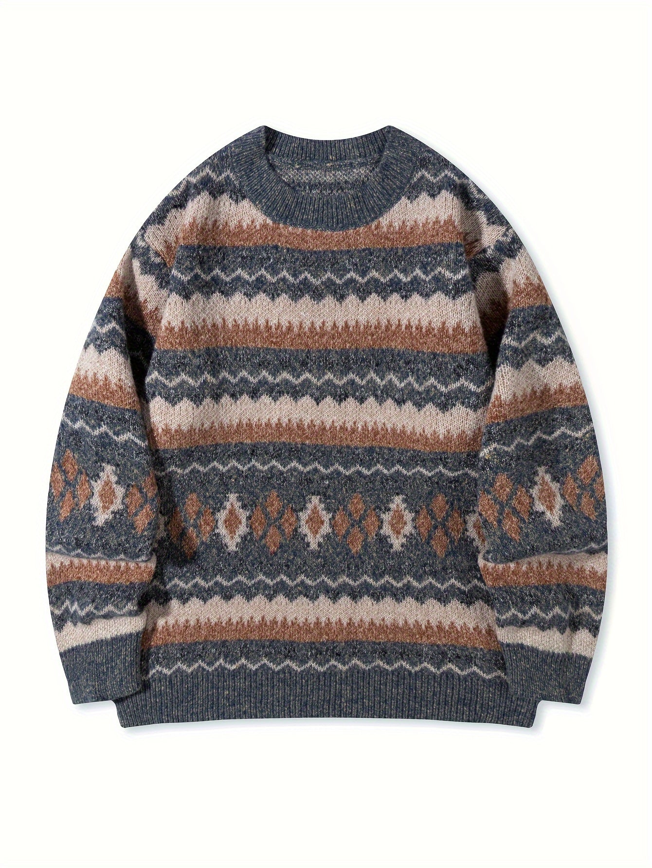 Men's Casual Color-Block Geometric Knit Sweater - Loose Fit Ribbed Detail Pullover, Machine Washable Autumn Winter Warm Crewneck Sweater for Casual Attire, Knitted Sweater, Durable Winter Wear