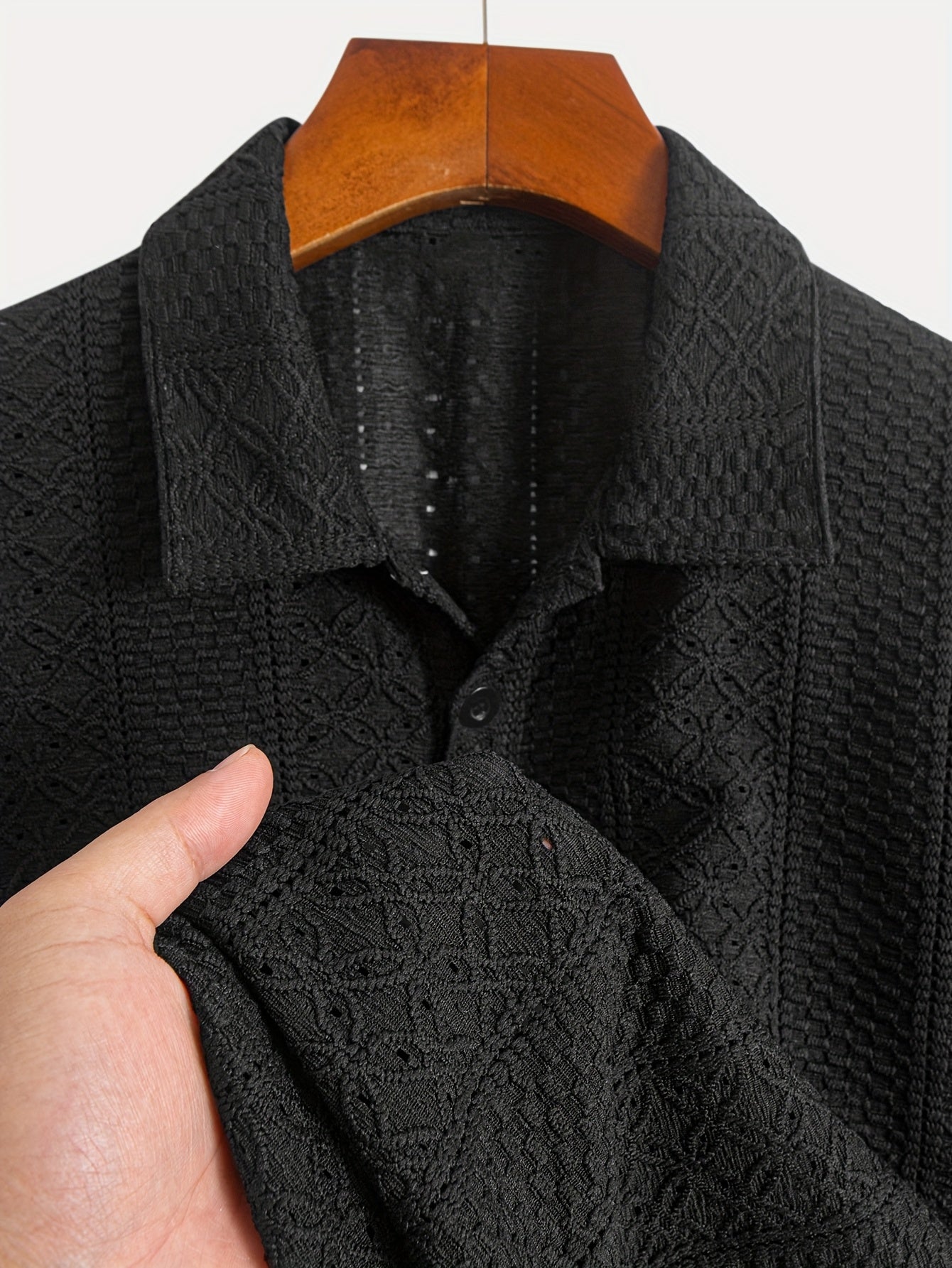 1pc Striped Knit Shirt for Men - Breathable Short Sleeve with Lace-Like Cut-Out Detail, Lightweight Casual Top, Hand Wash Only, Warm Weather Top, Textured Pattern, Delicate Knitwork, Men's Top, Stylish Men