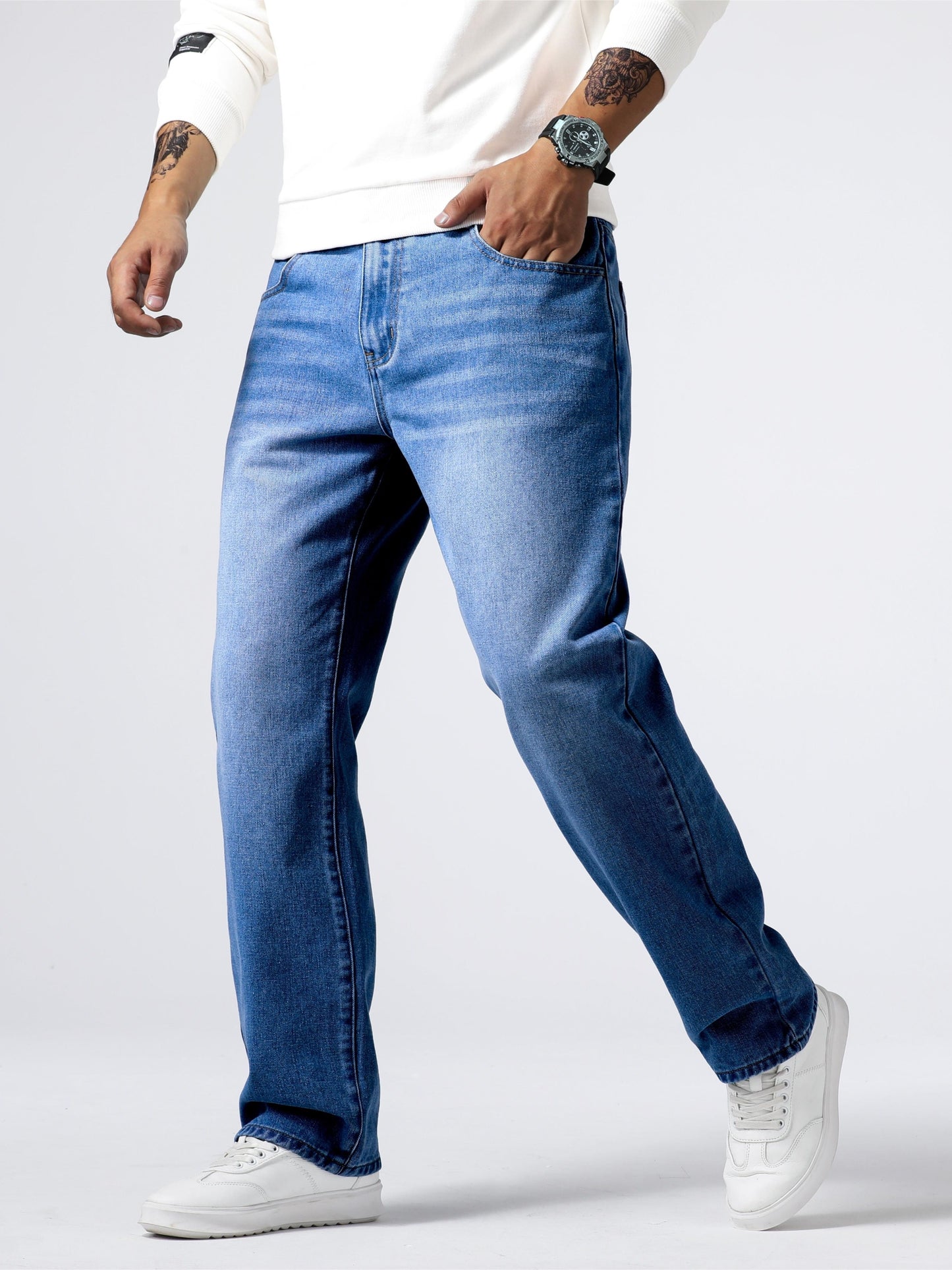 Men's Light Blue Relaxed Fit Jeans - Casual Straight-Leg Machine-Washable Denim Pants for Casual Attire, All-Season Comfort & Versatile Style