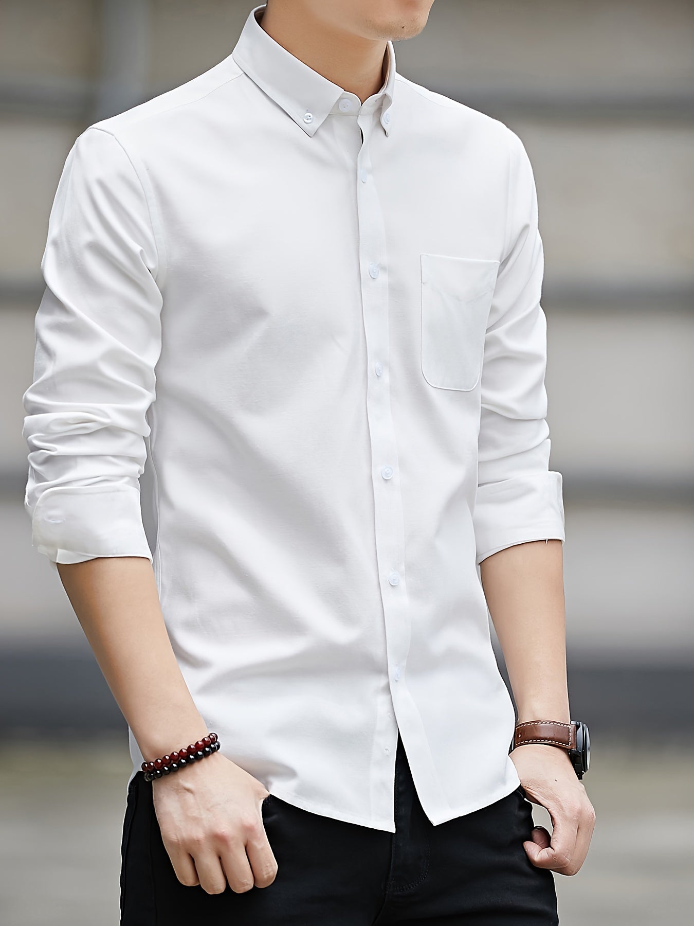 Men'S Casual Oxford Shirt, Solid Color, Long Sleeve, Lapel Collar, Slim Fit, Single Breasted, with Chest Pocket, Button Details, Woven Fabric, for Spring/Fall - Loose Fit Casual Shirt