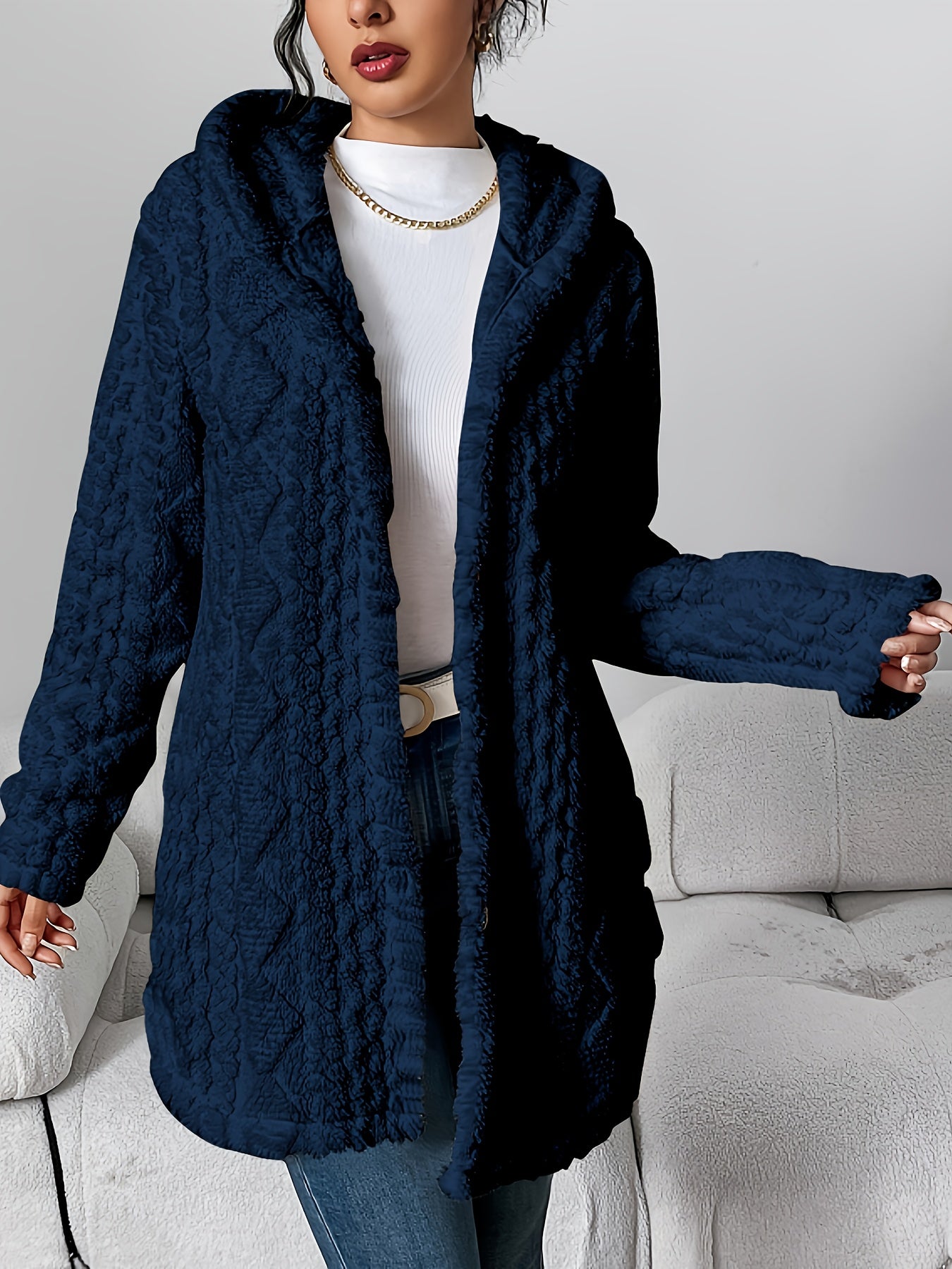 Autumn-Winter Warm Fashion Jacquard Plush Hooded Cardigan Coat