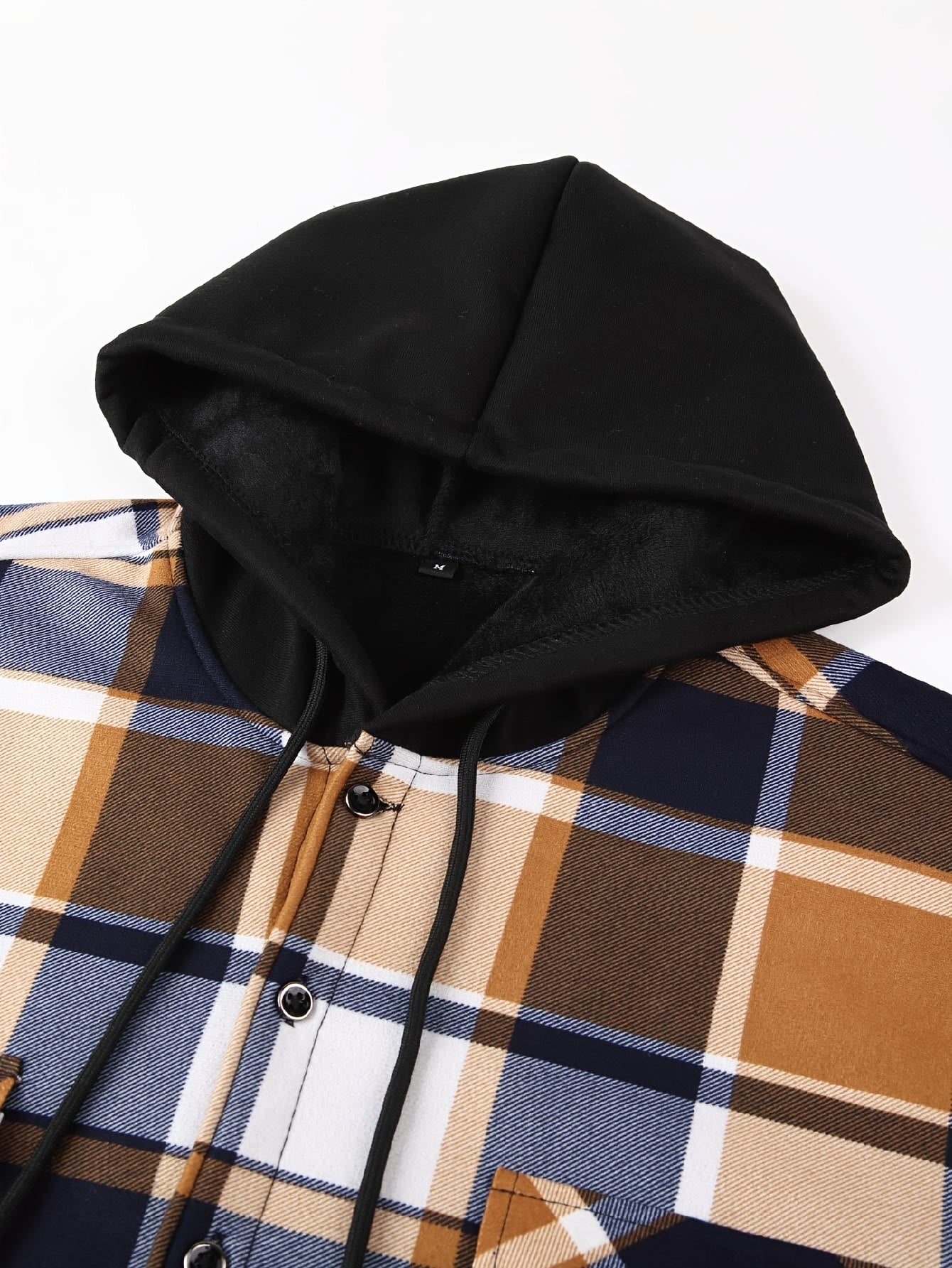 Men's Fleece-Lined Hoodie - Casual & Sporty, Plaid Pullover with Button Detail, Long Sleeve, Loose Fit for Fall/Winter