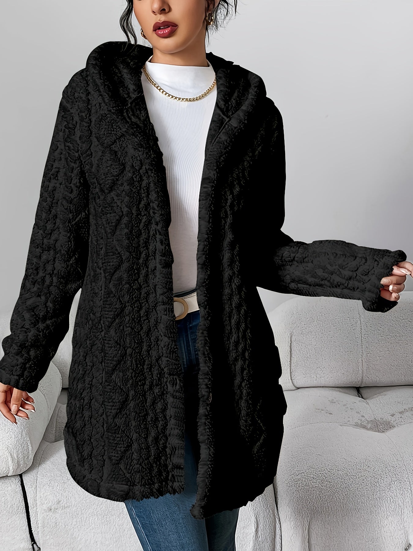 Autumn-Winter Warm Fashion Jacquard Plush Hooded Cardigan Coat