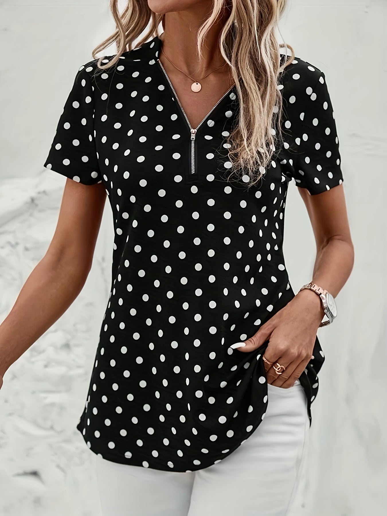 Elegant V Neck Short Sleeve Blouse - Polka Dots Print, Zipper Front, For Spring & Summer, Women's Clothing