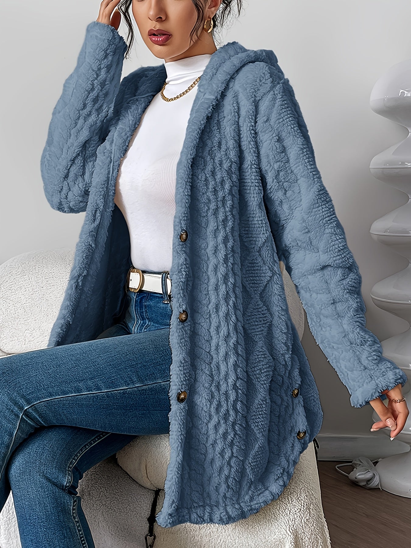 Autumn-Winter Warm Fashion Jacquard Plush Hooded Cardigan Coat