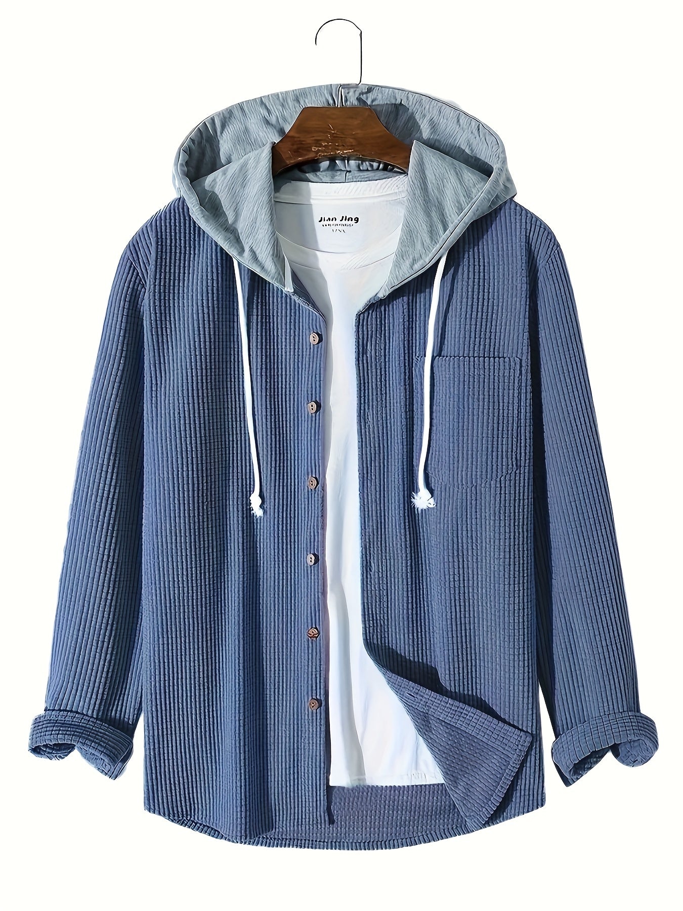 Men'S Casual Long Sleeve Hooded Jacket - Corduroy Solid Color with Pockets, Button-Up Front, Rayon Blend, Fall/Winter Outerwear, Casual Wear Hoodie | Hooded Sweatshirt | Textured Jacke