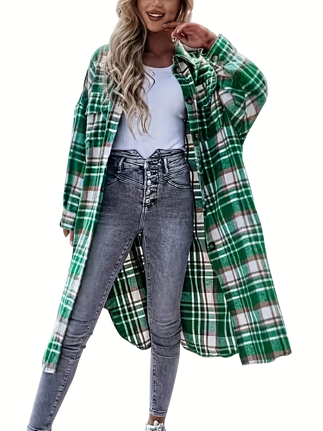 Stylish Plaid Print Womens Long Jacket - Relaxed Casual Button Front with Flap Pockets - Durable Outerwear for Everyday Fashion