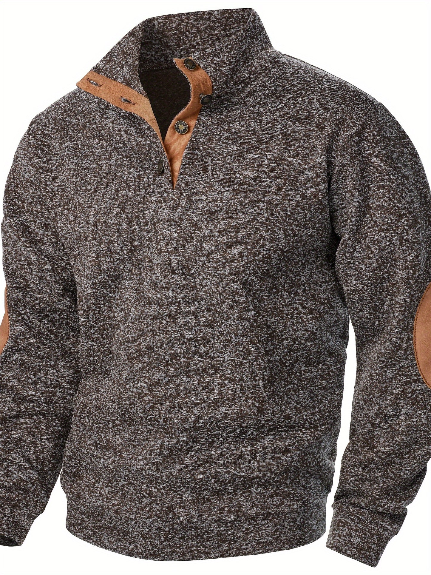 Men's Stand Collar Long Sleeve Casual Hoodie Top - Autumn Winter Warm Pullover with Button Detail, Solid Color Regular Fit for Casual Attire