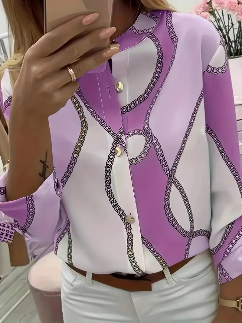 Geometric Polyester Blouse Chain Print Button