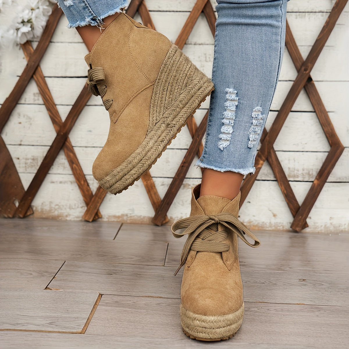 Comfortable Chic Women's Linen Wedge Ankle Boots - Lace-Up Platform Shoes with Durable Rubber Sole for All Seasons
